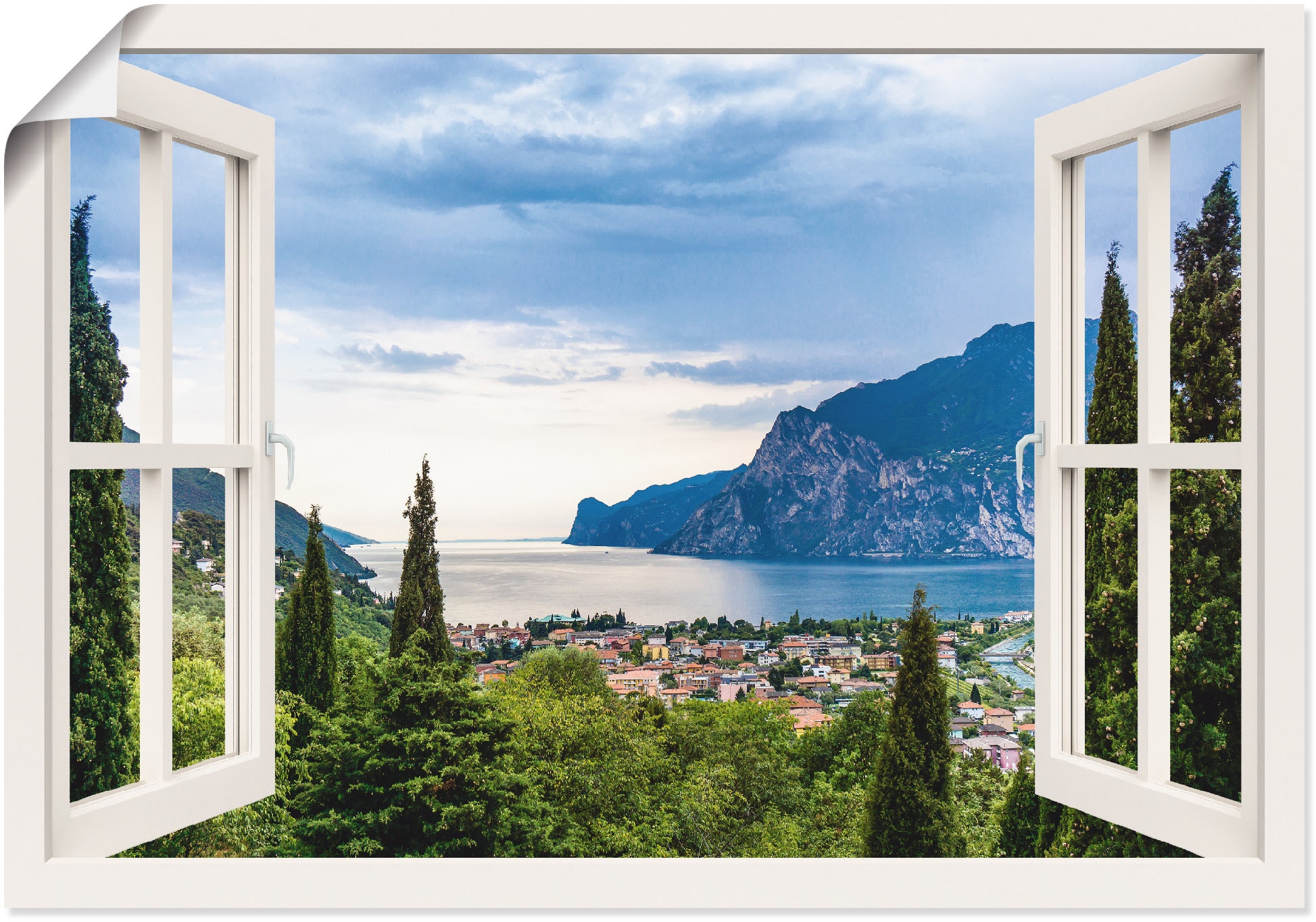 Artland Wandbild "Gardasee durchs weiße Fenster", Seebilder, (1 St.), als Alubild, Outdoorbild, Leinwandbild, Poster, Wa