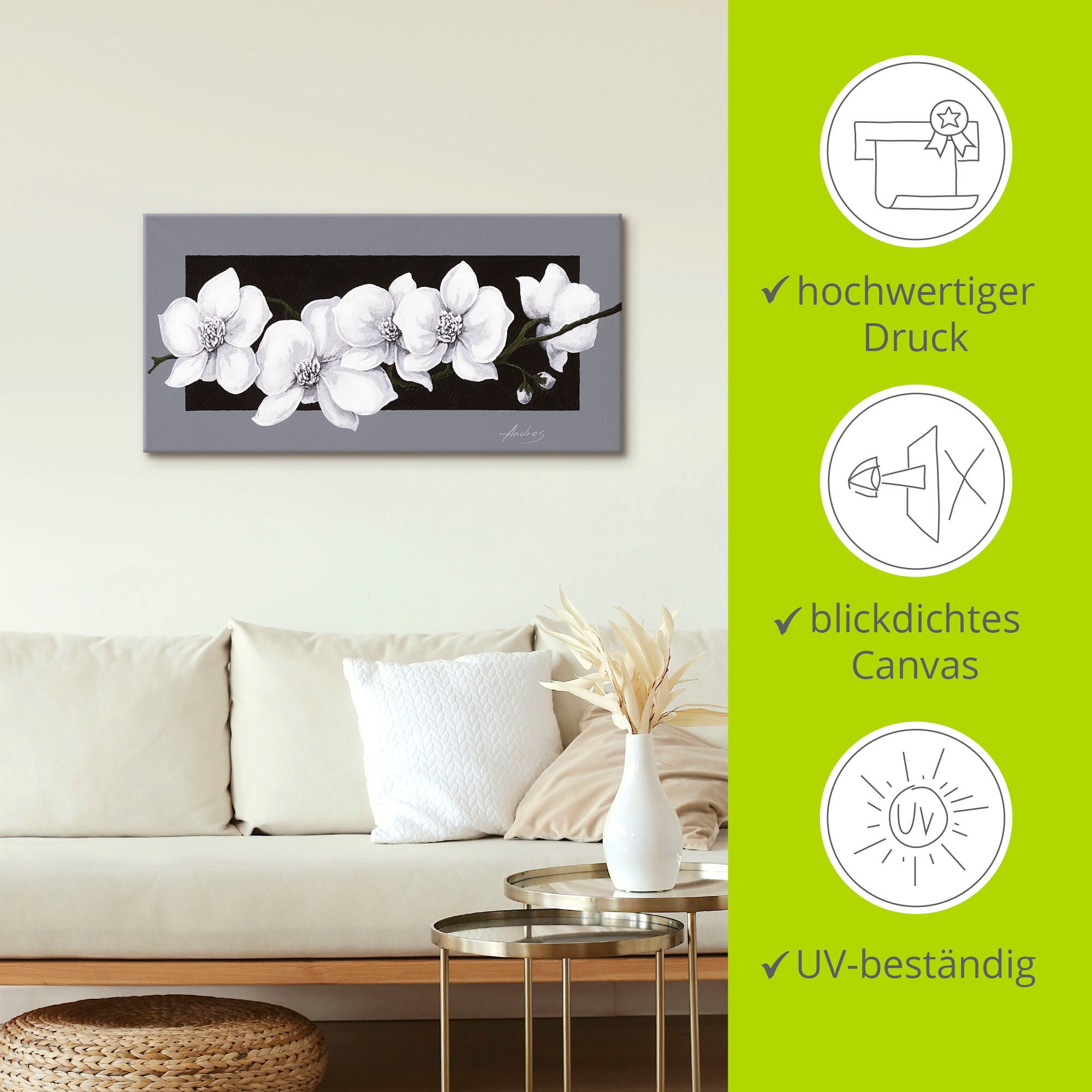 Artland Wandbild »Weiße Orchideen auf grau«, Blumen, (1 St.), als Alubild, Outdoorbild, Leinwandbild, Poster, Wandaufkleber
