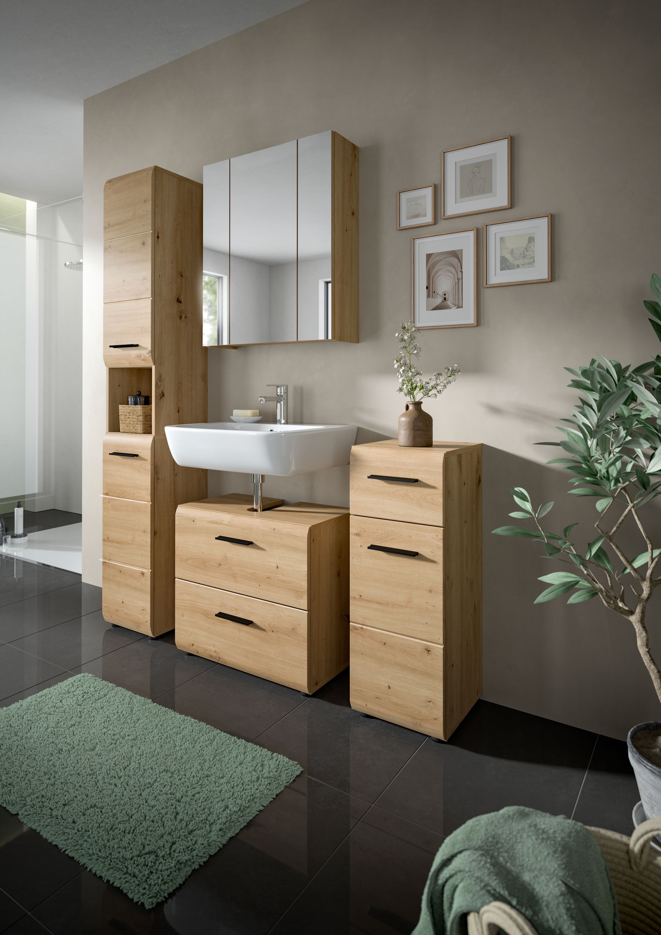 INOSIGN Badezimmer-Set, (Set, 4 St.), Florenz, Badkombination 4-tlg., Artisan Oak NB, Hochschrank, WBU
