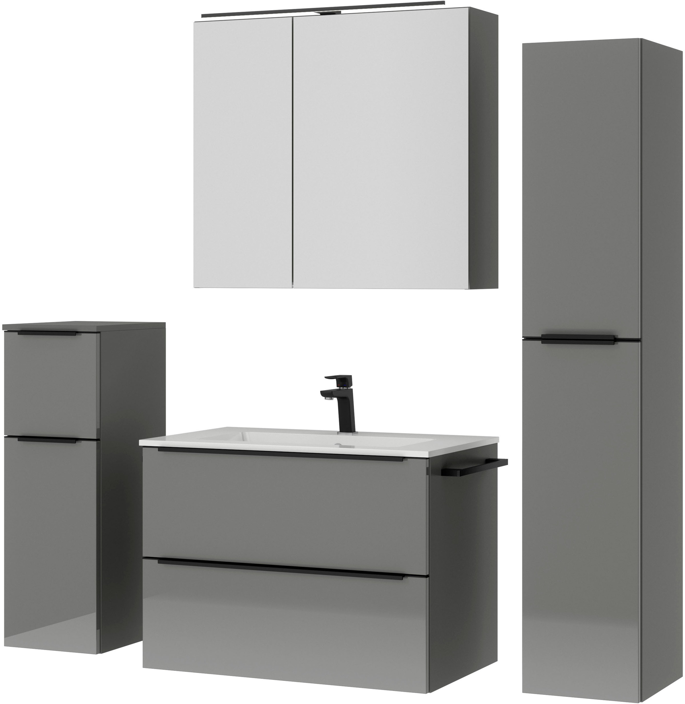 nobilia® Badmöbel-Set »Levere«, (4 St., vormontiert, mit Soft-Close), inkl. Spiegelschrank mit Beleuchtung und Dimmerfunktion, in 4 Breiten