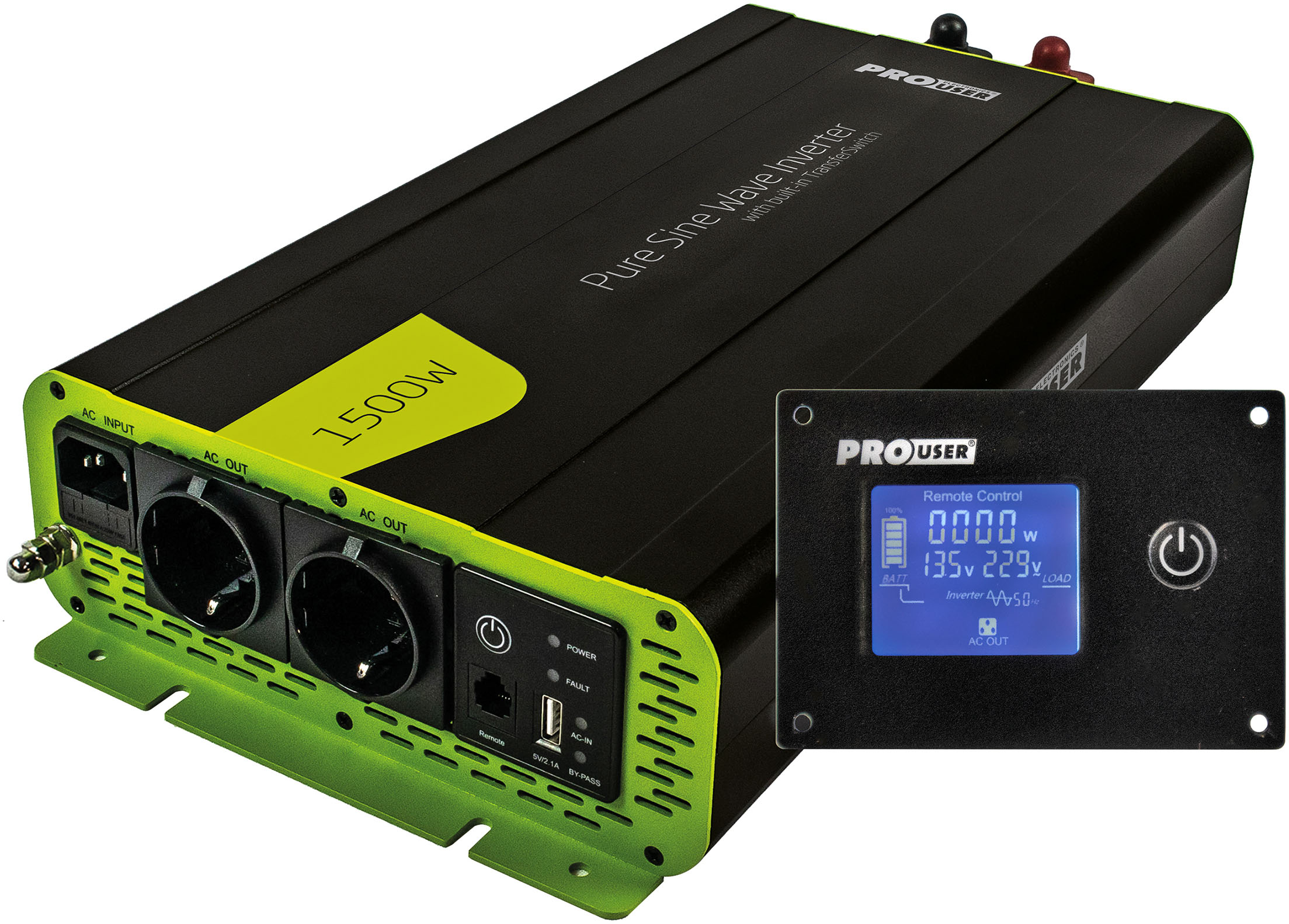 PROUSER Wechselrichter "Spannungswandler Sinus 1500W", B:22cm H:9cm L:37cm, schwarz, Wandler