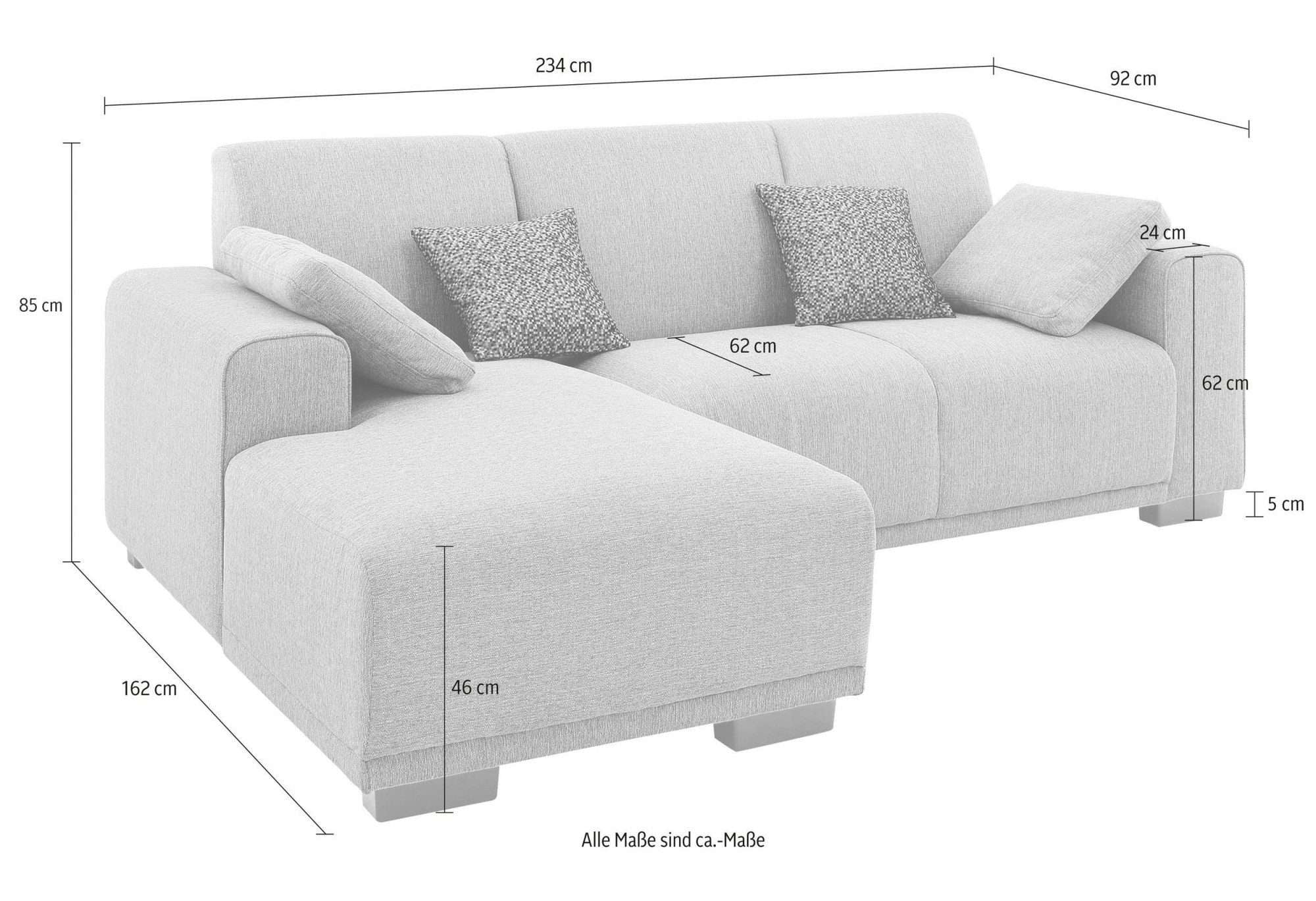 Home affaire Ecksofa »BORNHOLM L-Form mit Recamiere, Maße B/T/H: 234/162/85 cm«, Recamiere links oder rechts bestellbar, Wellenfederung, inkl. 2 Kissen