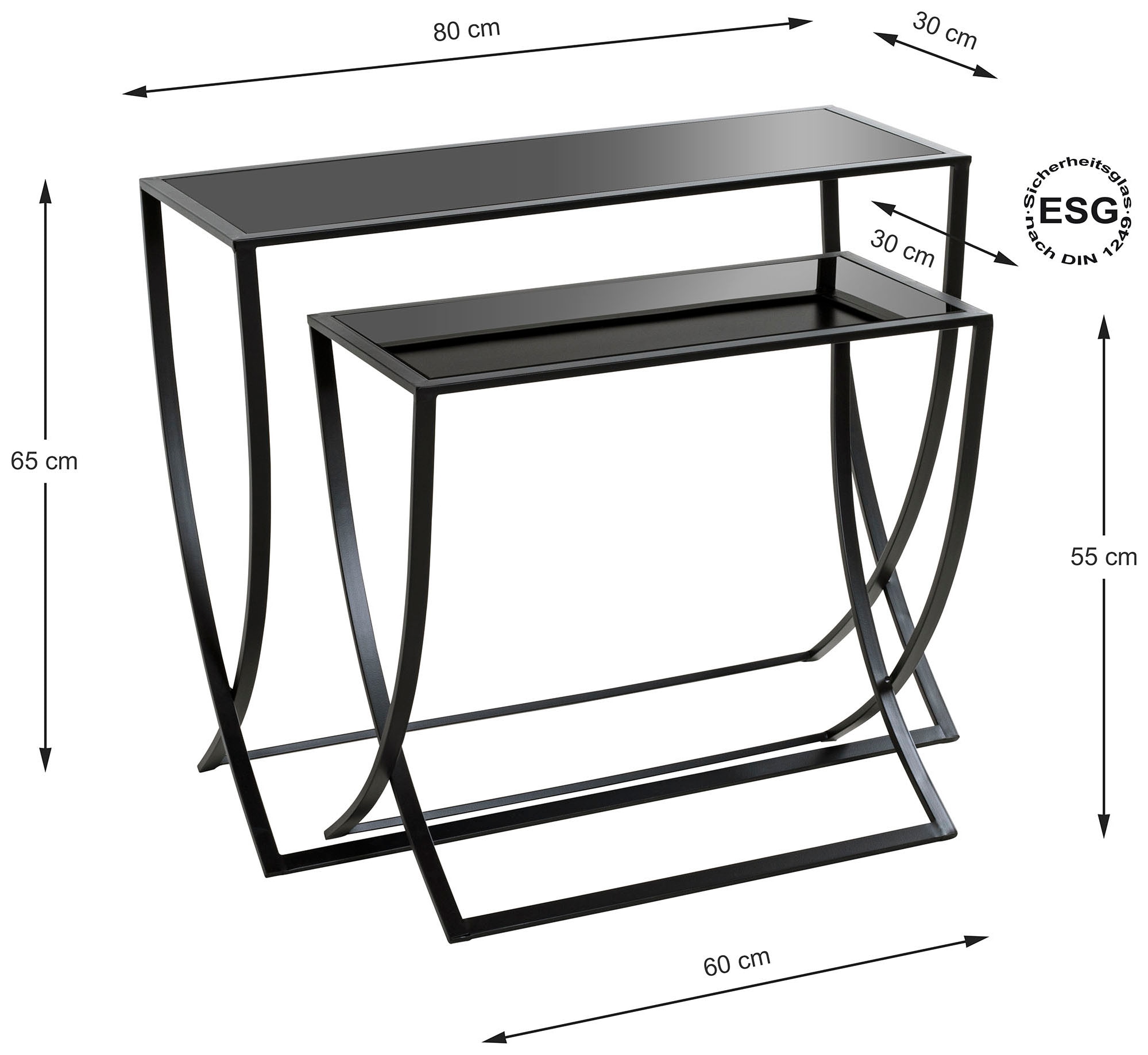 HAKU Beistelltisch »Sofatisch, Wohnzimmertisch« Set, 2er Set, 2 Stk. tlg. rechteckig - aus Metall Schwarz B/T/H 60/30/55 und 80/30/65 cm