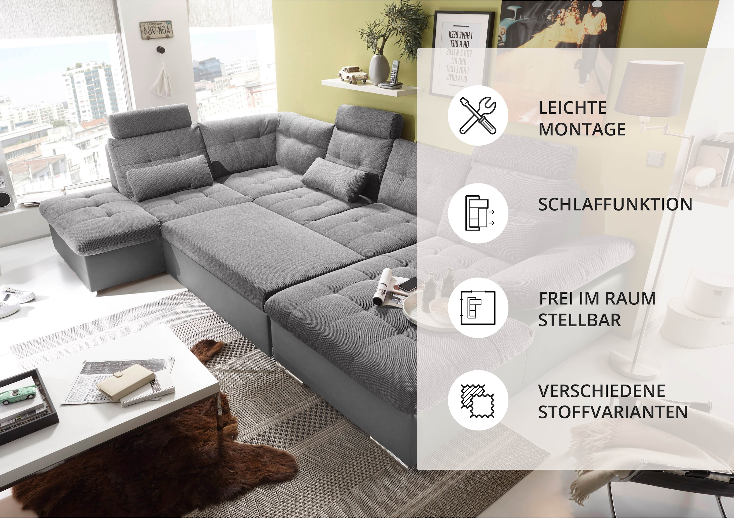 ED EXCITING DESIGN Wohnlandschaft »Jakarta U-Form mit Bettfunktion, Bettkasten« Armteilverstellung, Kopfstützen & 3 Nierenkissen