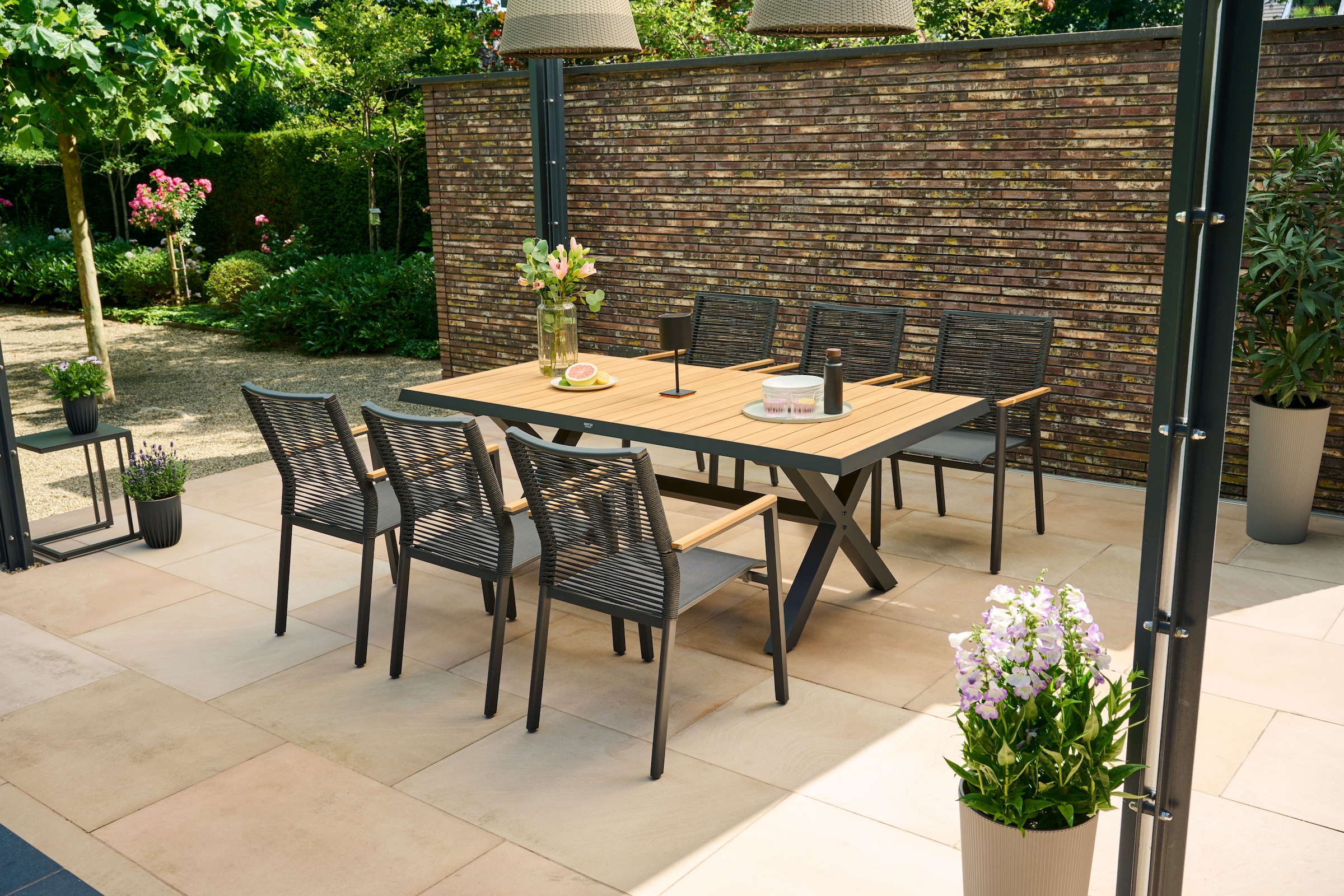 Siena Garden Gartensessel »BOLOGNA Stapelsessel« Aluminiumgestell, Rope Geflecht, Armlehnen aus Teak FSC 100%