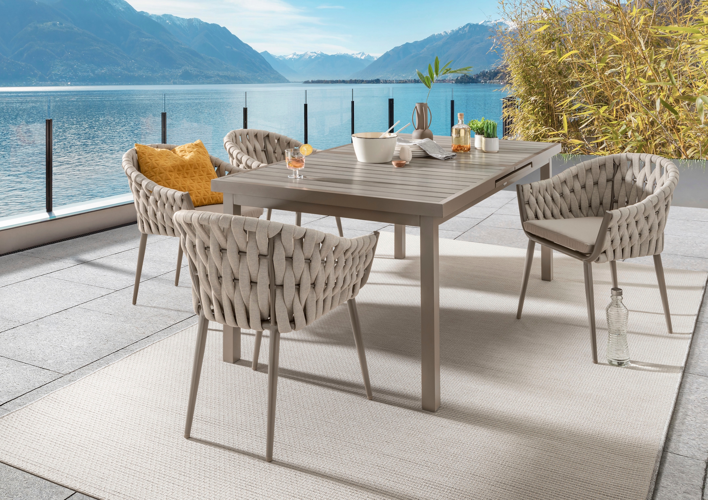 Destiny Garten-Essgruppe »MOLINO IMOLA«, (5 tlg., 4x Sessel, 1x Tisch, inkl. Auflagen), Aluminium, Polywood, Rope