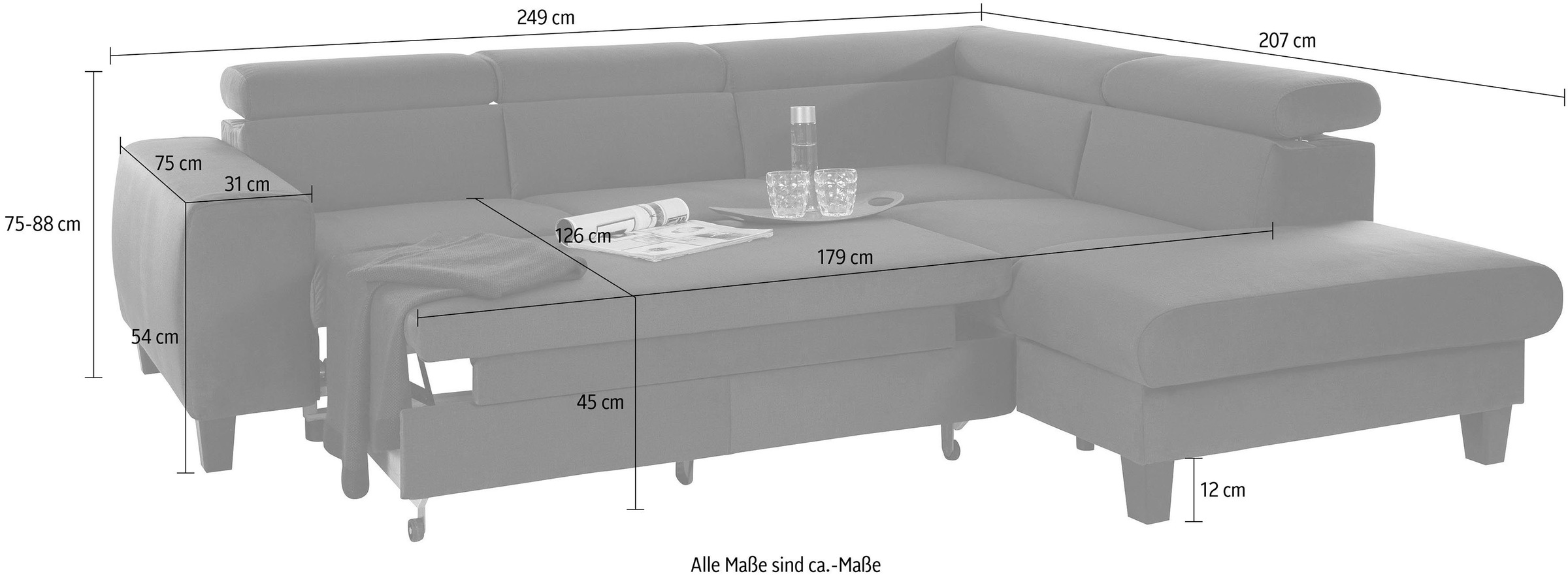 COTTA Polstergarnitur »Morven«, (Set), Set: bestehend aus Ecksofa und Hocker, Kopfteilverstellung