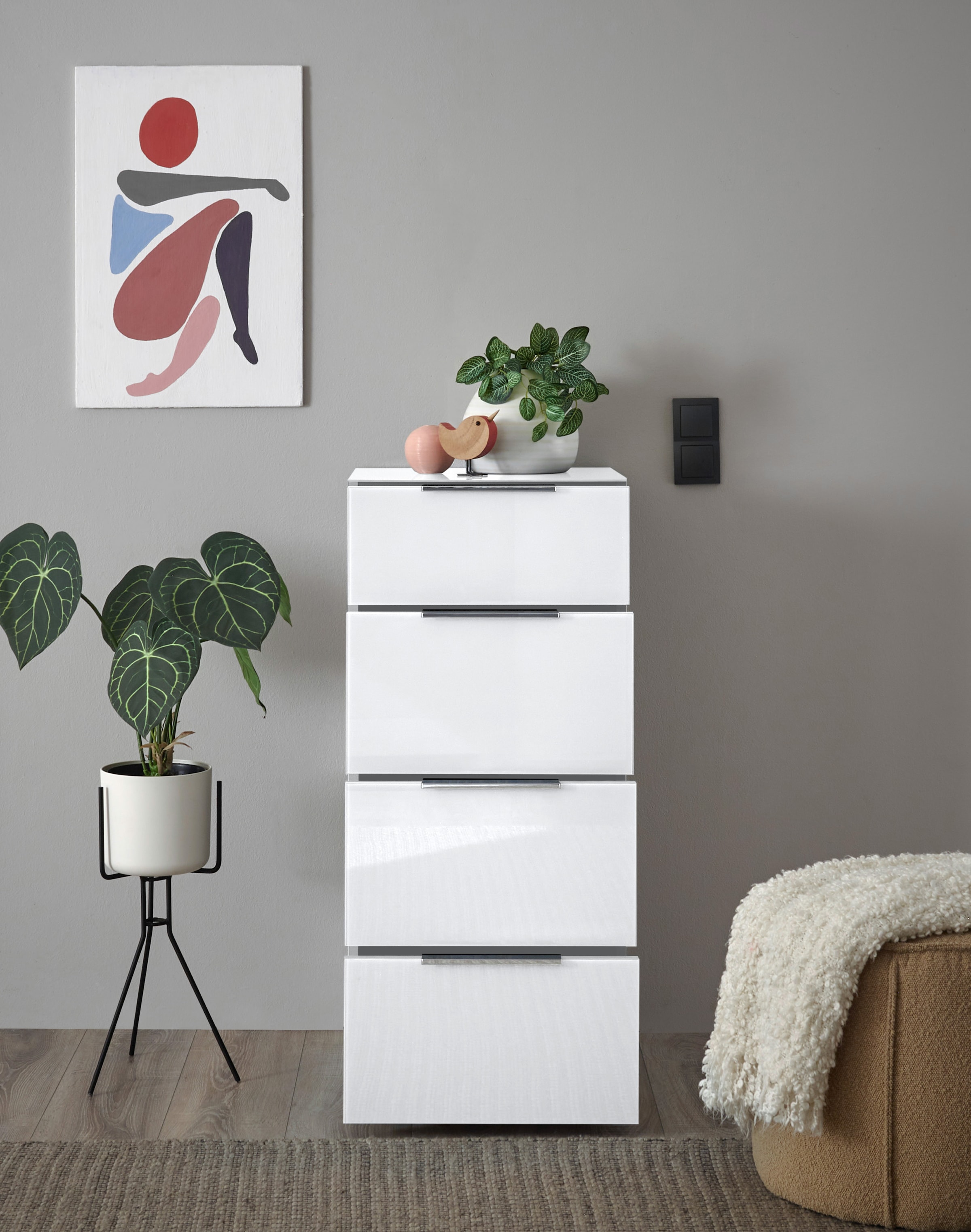 HBZ Kommode »Santorin Mehrzweckschrank mit Schubkästen, BxHxT 45x99x40 cm«, (1 St.), Mit 4 Schubkästen mit Softclose, Glasfront und Glasoberboden