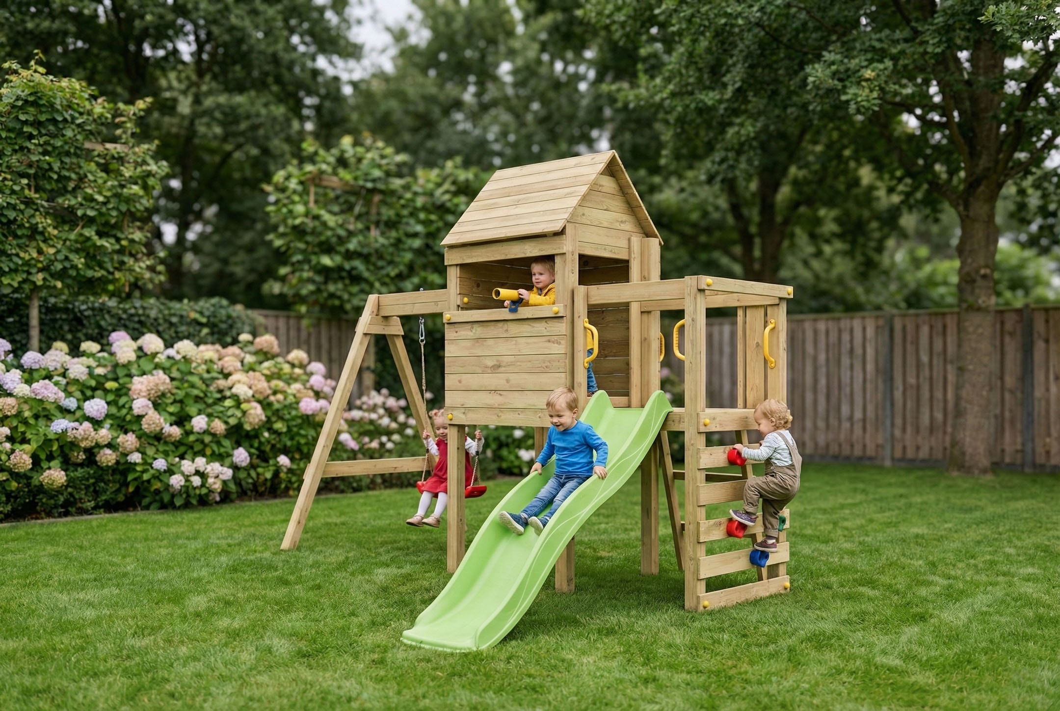 FUNGOO Spielturm »LUOMI« mit Haus, Kletterwand, Rutsche und Schaukel fur Kinder