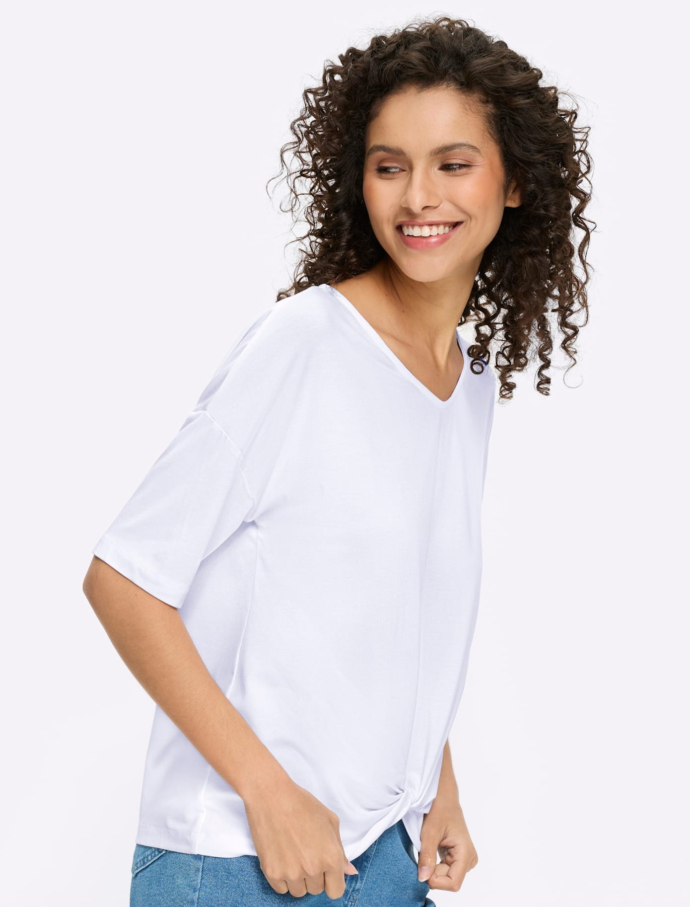 Kurzarmshirt HEINE "Shirt", Damen, Gr. 38, weiß, 95% Viskose, 5% Elasthan, unifarben, V-Ausschnitt, Shirts 6