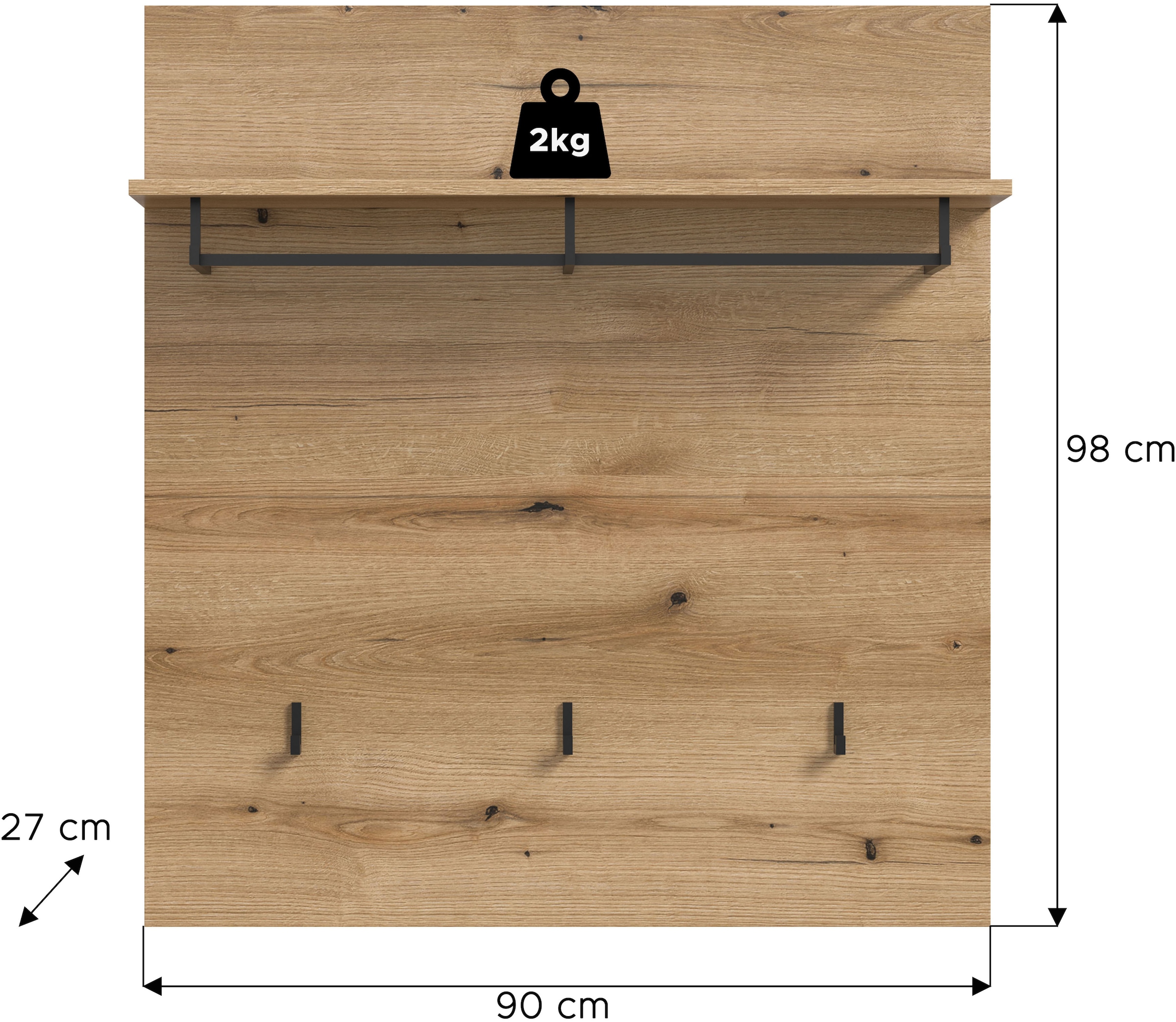 INOSIGN Garderobenpaneel »Siena, Breite 90 cm, 3 Haken, 1 Kleiderstange, 1 Ablageboden«, (1 St.), Scout, Garderobenpaneel, 3 Haken, 1 Kleiderstange, Flur, Diele