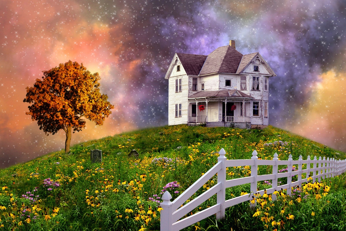 Papermoon Fototapete »SURREAL-FANTASY WOLKEN STERNE HIMMEL BLUMEN LANDSCHAFT«