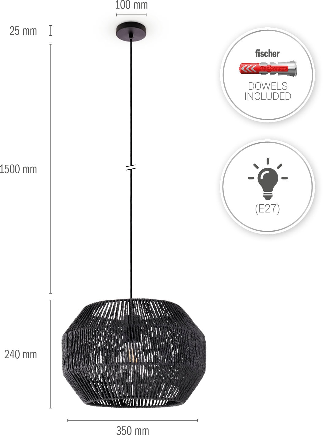 Paco Home Pendelleuchte »Hugo Yago«, Leuchtmittel E27 | ohne Leuchtmittel, Wohnzimmer Esszimmer Rattan Optik Boho Lampenschirm Papier Modern