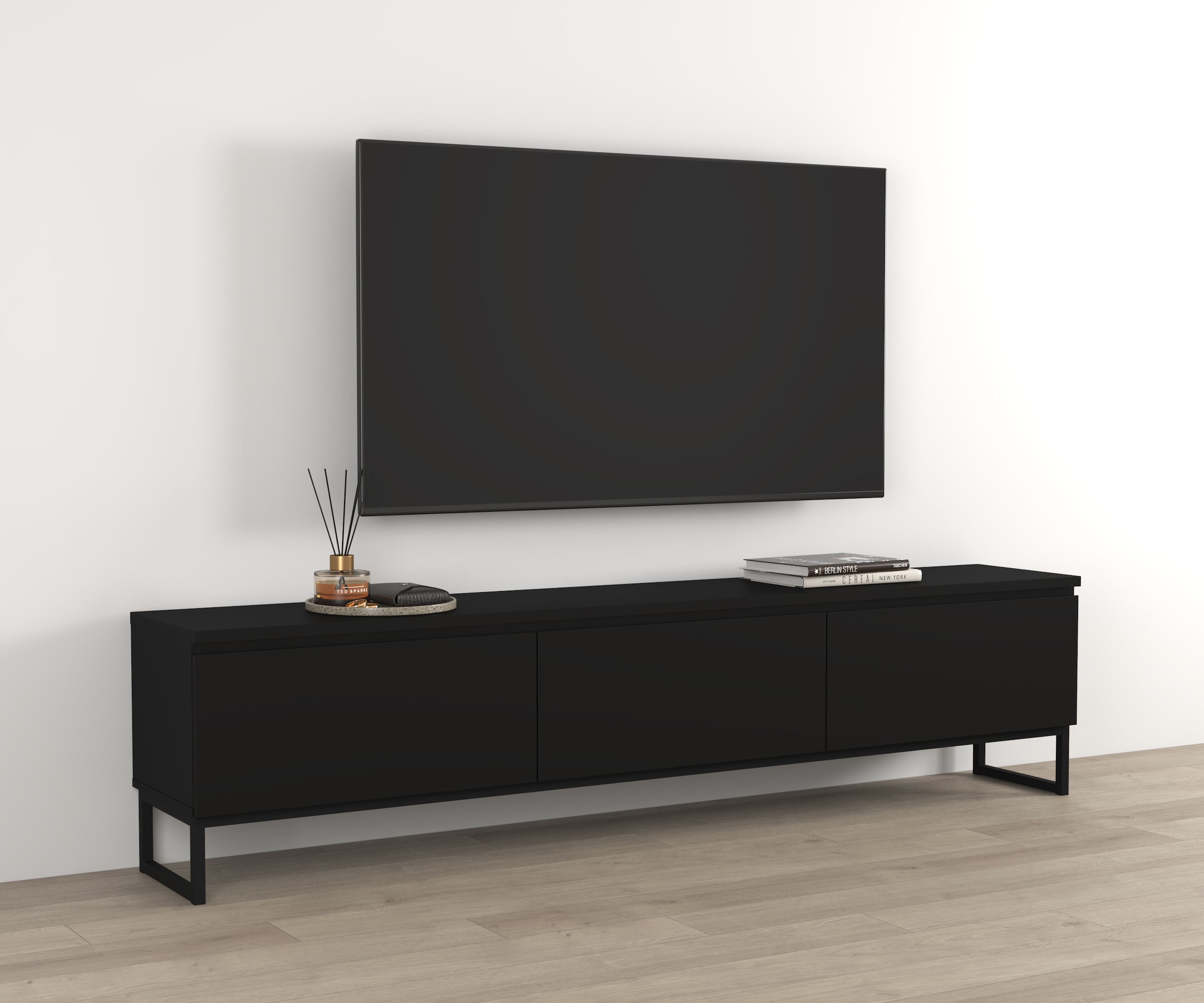 OTTO home Lowboard "Modo II, Breite 200 cm, modernes griffloses Lowboard 3 Klappen" TV-Kommode mit viel Stauraum, Metallkufen