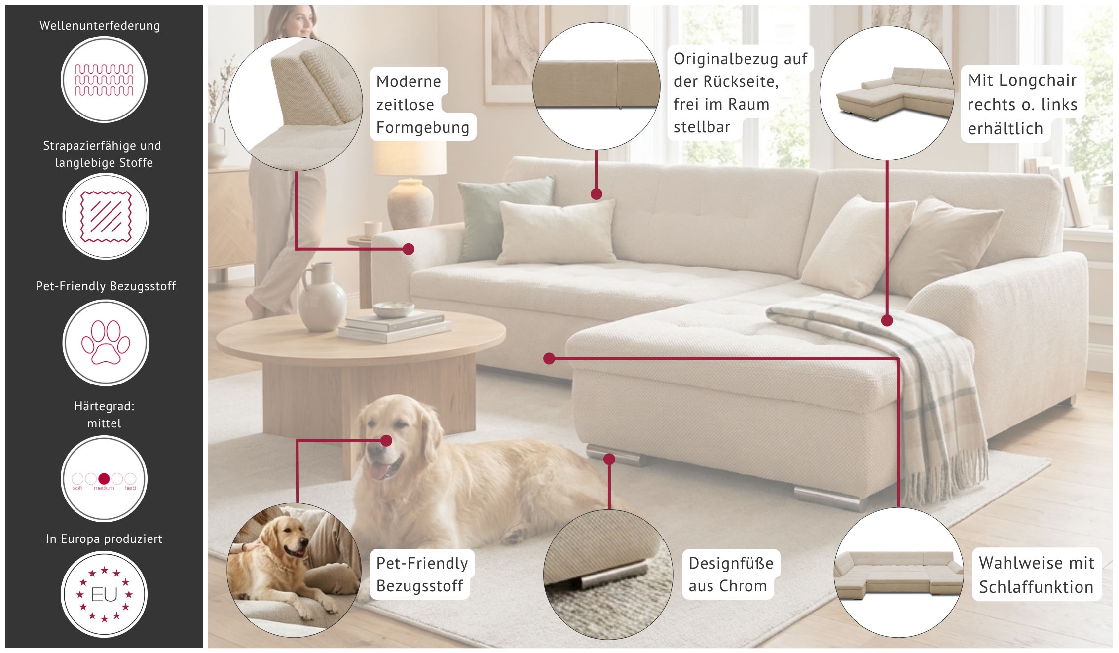 OTTO home Ecksofa »Torrnby 268 x 178 cm, mit Steppungen, modern & zeitlos, stabil« L-Form, aus haustierfreundlichem Pet Friendly Bezug
