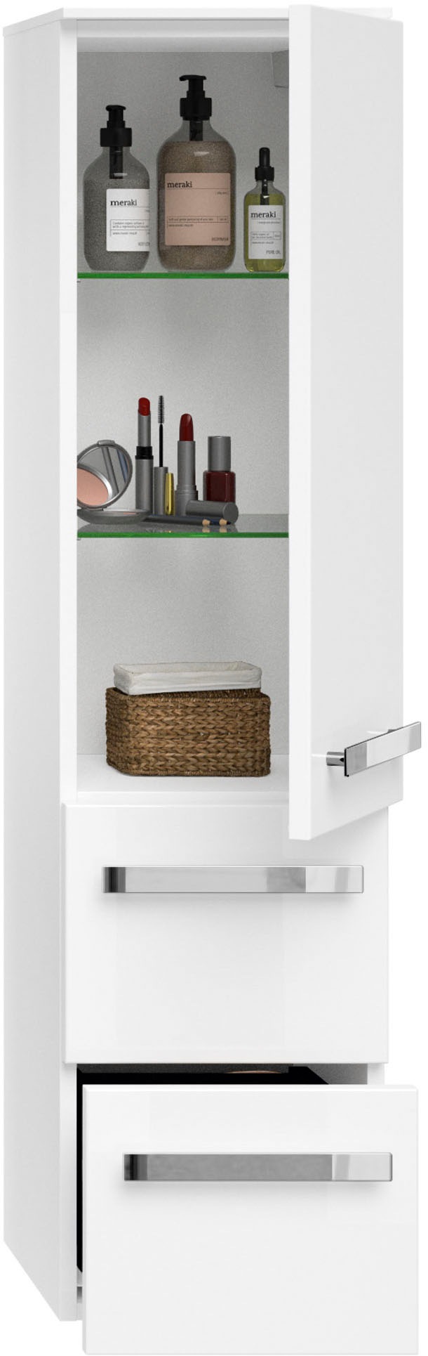 Saphir Midischrank »Serie 4005 Badschrank 30cm breit, 1 Tür, 2 Schubladen, inkl Türdämpfer«, 2 Glas-Einlegeböden, Badezimmer-Midischrank 121 cm hoch, 33 cm tief