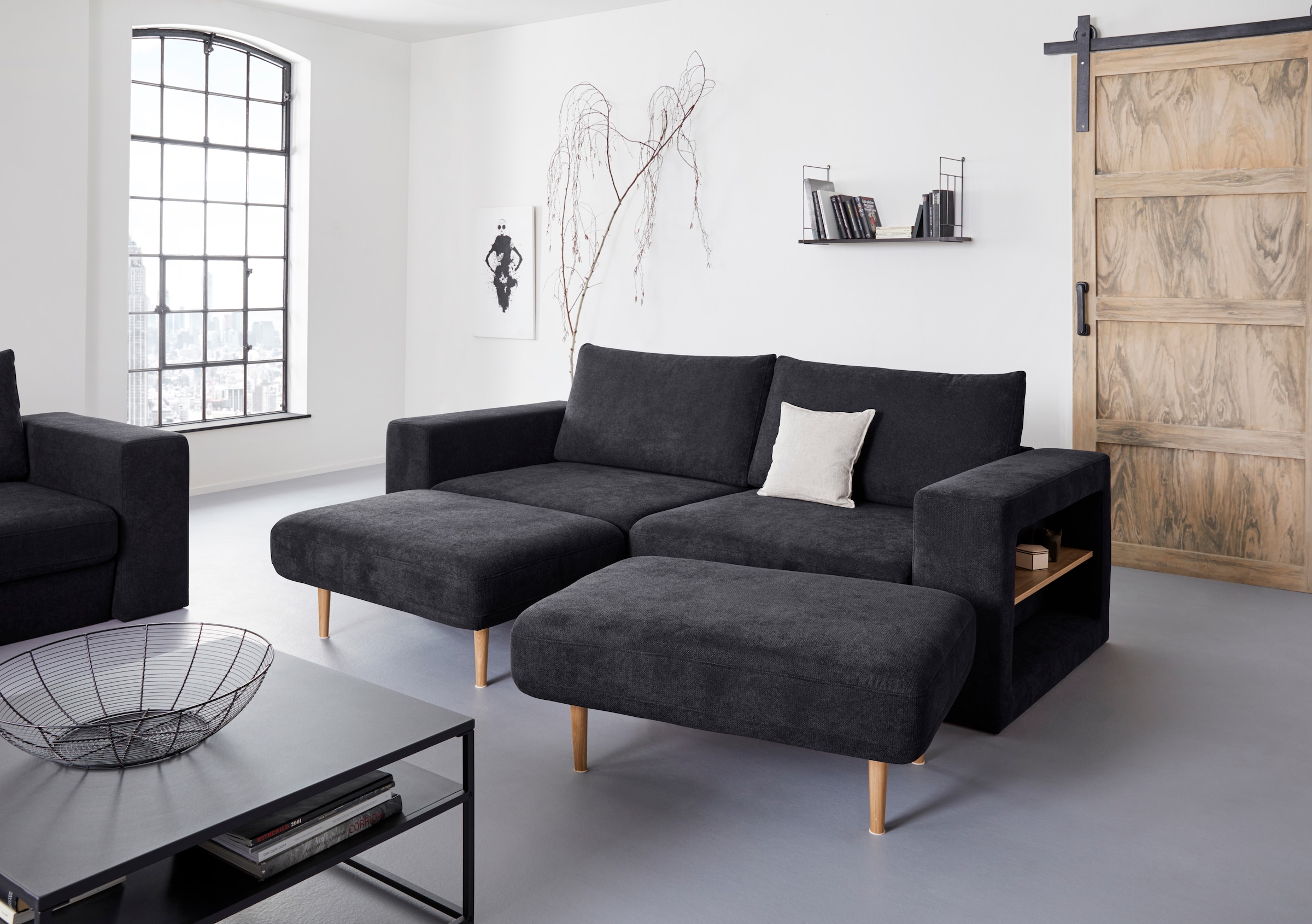 4-Sitzer »Looksvb«, Verwandlungssofa: aus Sofa wird Sofa mit 2 Hockern, mit Regalfunktion