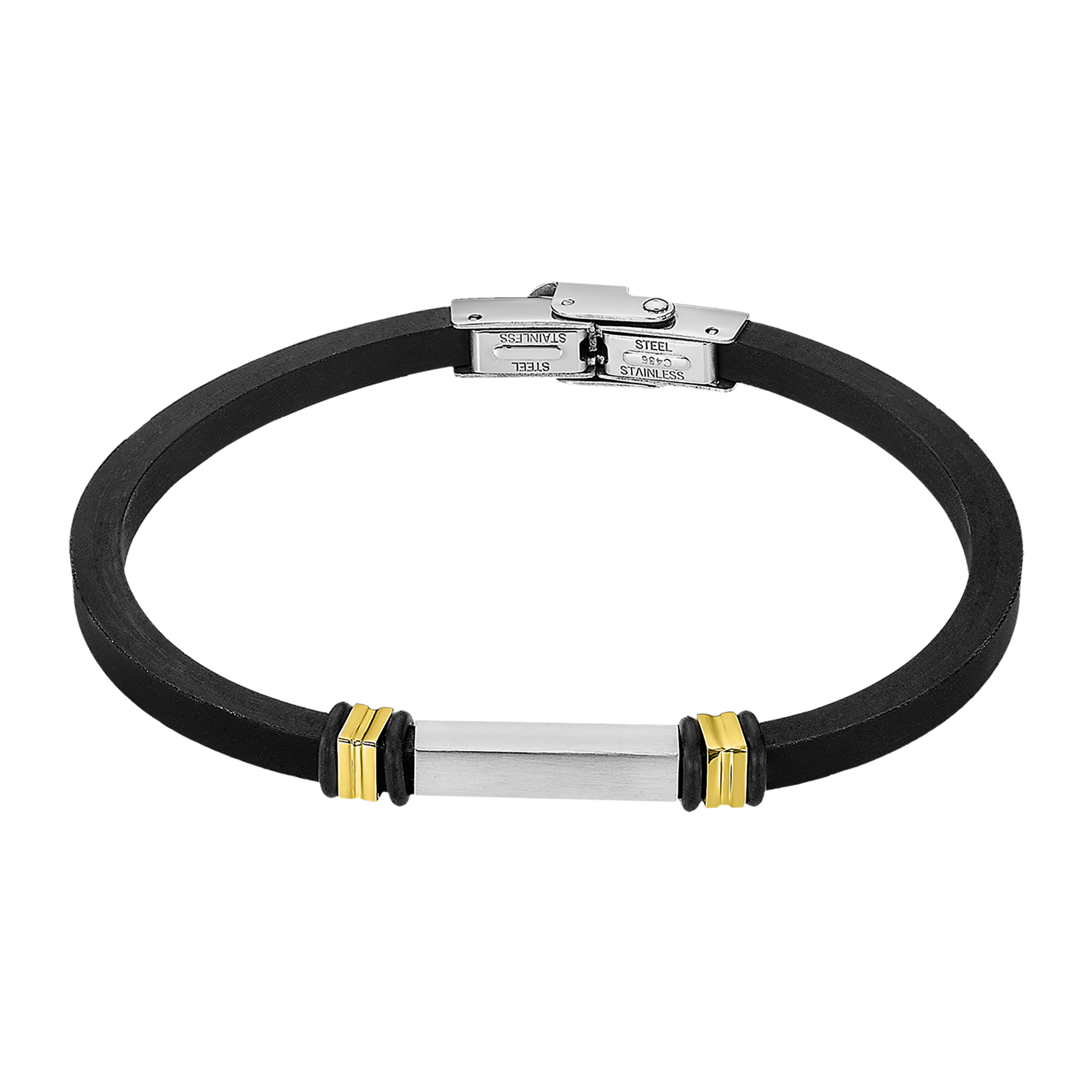 "Armband LOTUS ""Silent Impact"", schwarz (schwarz, edelstahlfarben, gelbgoldfarben), Armbänder, Herren, 20cm, Edelstahl Kautschuk, Edelstahl