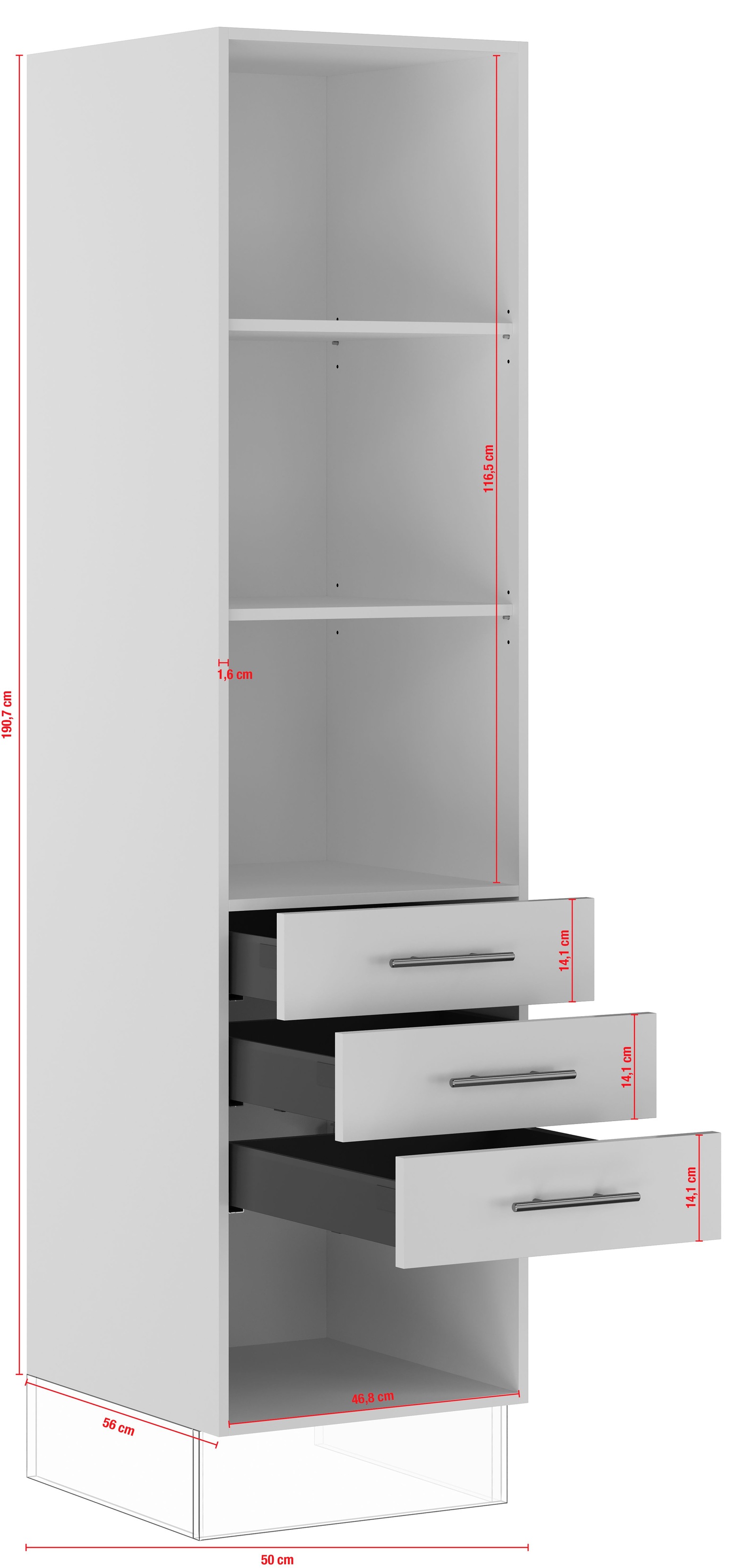 IMPULS KÜCHEN Seitenschrank »"Turin", Breite/Höhe: 50/190,7 cm, mit Soft-Close«, vormontiert, mit Schubkästen, mit verstellbaren Fachböden