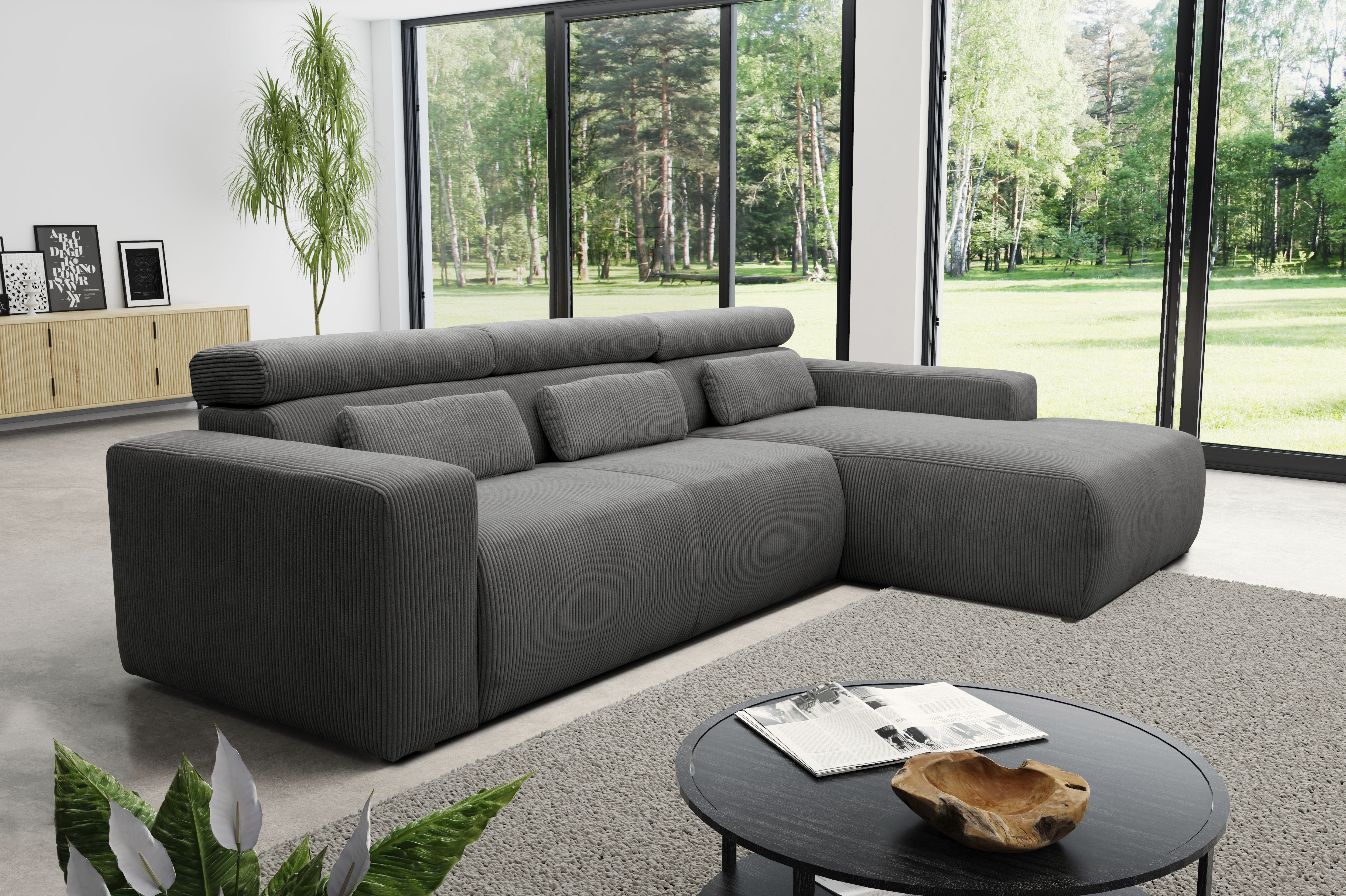 DOMO collection Ecksofa "BRANDON 289x177 cm, belastbar bis 140 kg/Sitz, L-Form" mit Sitztiefenverstellung, Cord, grau