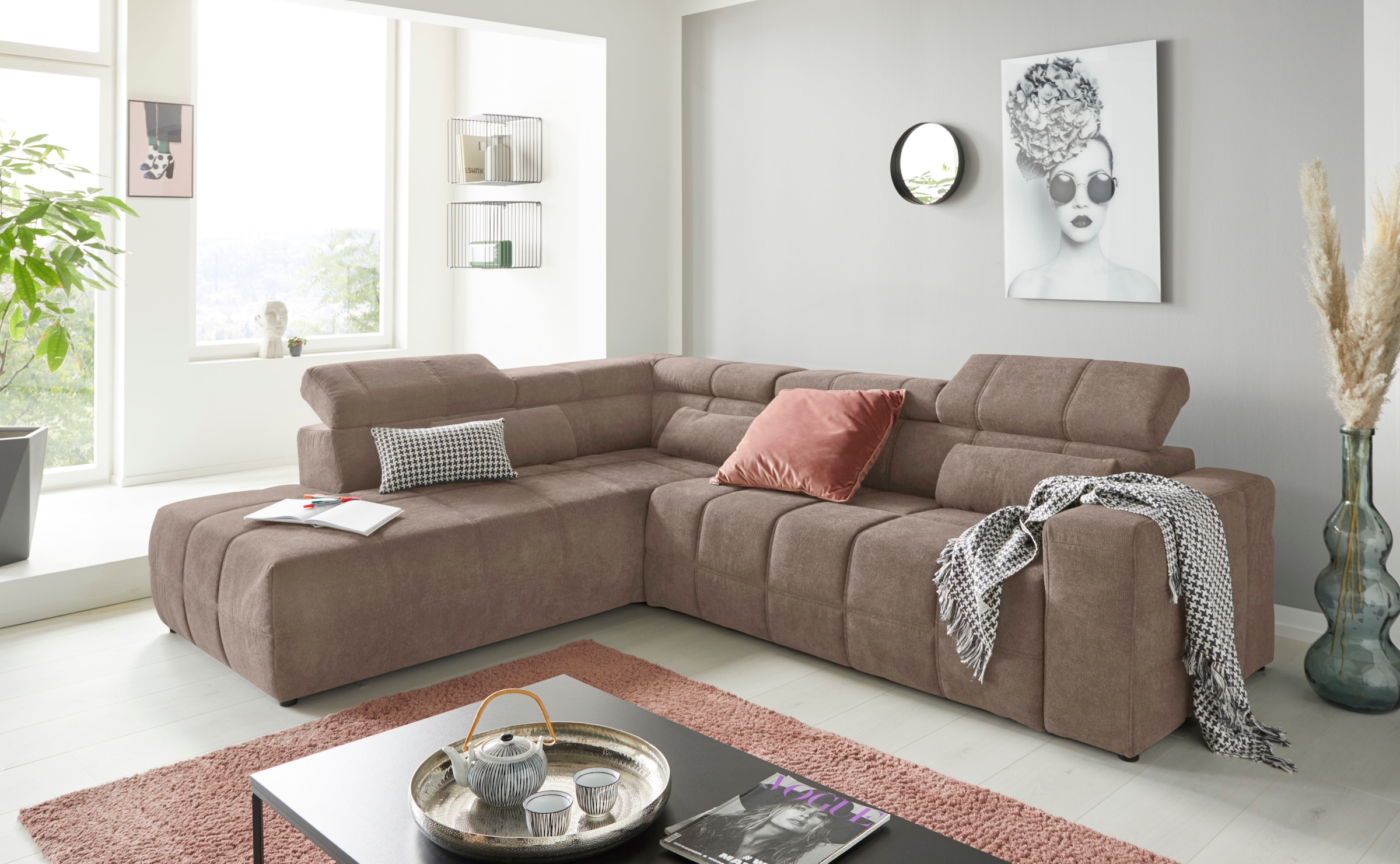DOMO collection Ecksofa "BRANDON bequem, Breite 275cm, L-Form, auch in Leder" inklusive Kopfteilverstellung, wahlweise mit Sitztiefenverstellung