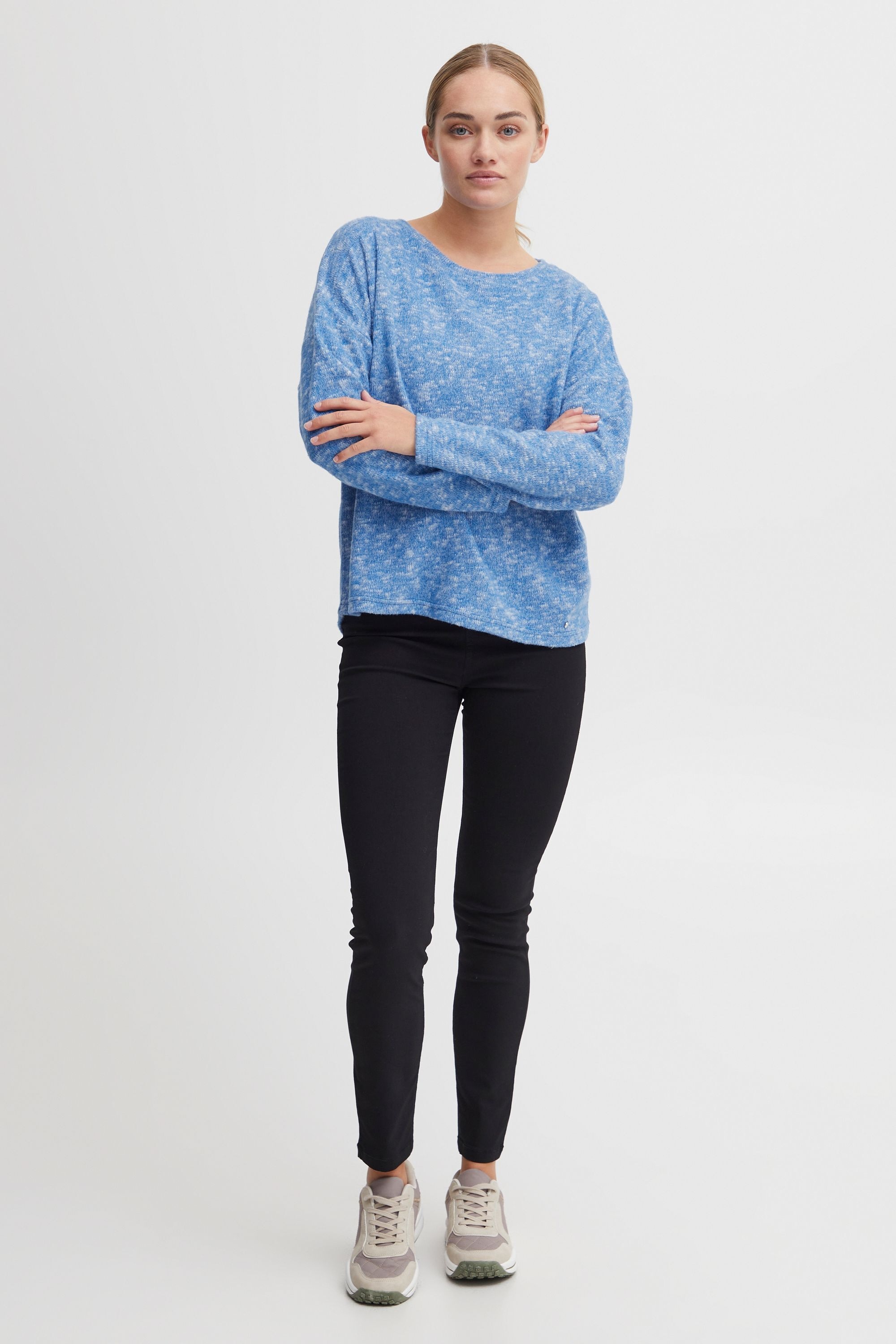 Longpullover OXMO "Sweatshirt OXSanne", Damen, Gr. S, blau (strong blau melange), Obermaterial: 53% Polyester PES. 46% Viskose CV. 1% Elasthan EL., Sweatshirts Longpullover 2