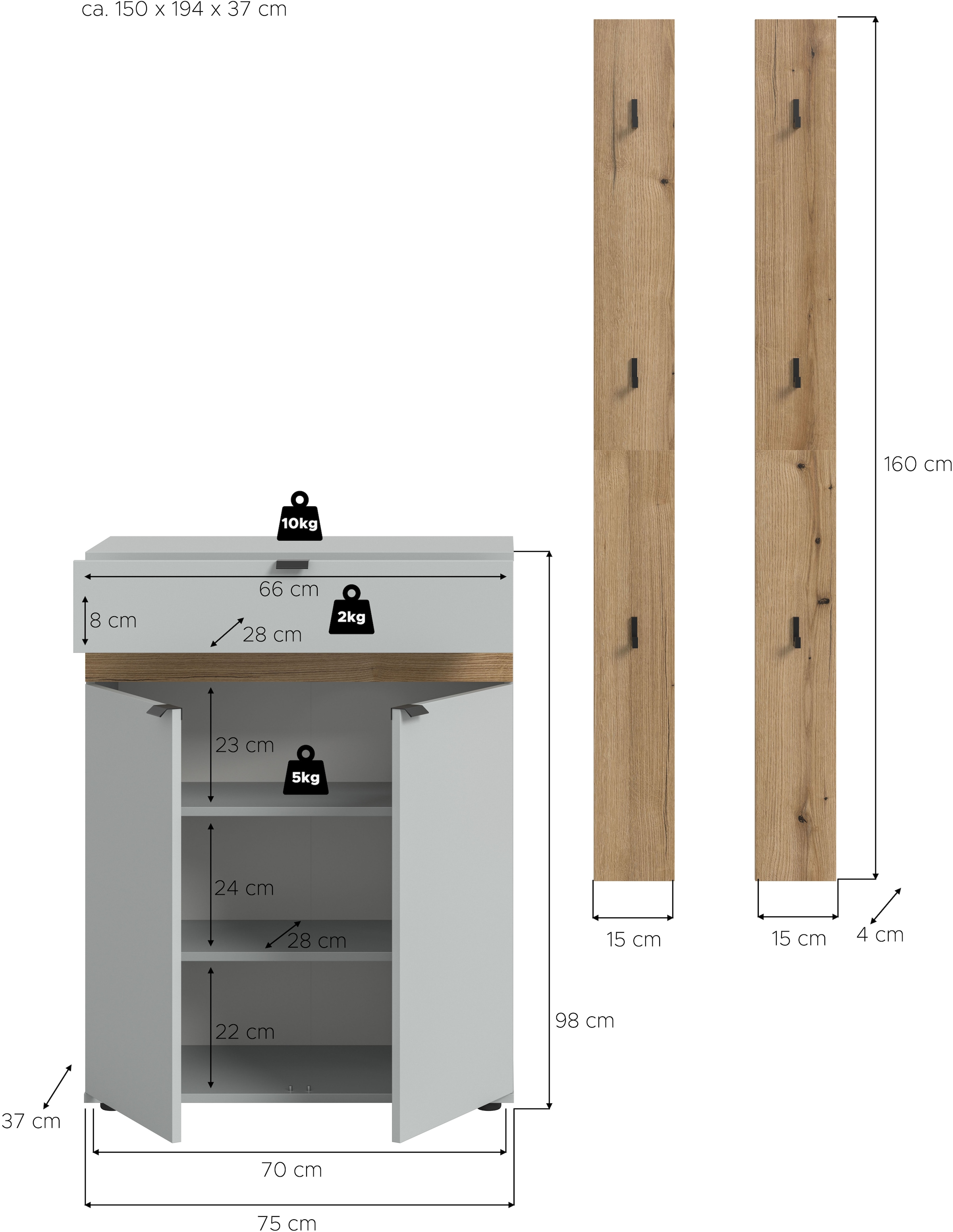 INOSIGN Garderoben-Set »Oran« Set, 3 Stk. tlg. Oran, Evoke Oak, Grau, Garderobenset, Schrank, 2 Paneele mit Haken