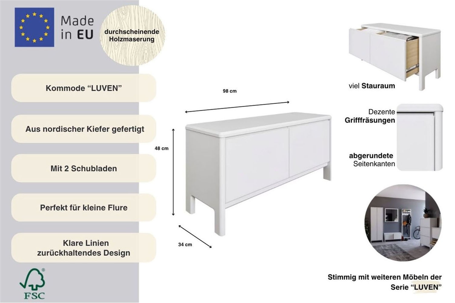 Thumbnail - Home affaire Kommode "Luven" FSC zertifiziertes Massivholz, mit 2 Schubkasten