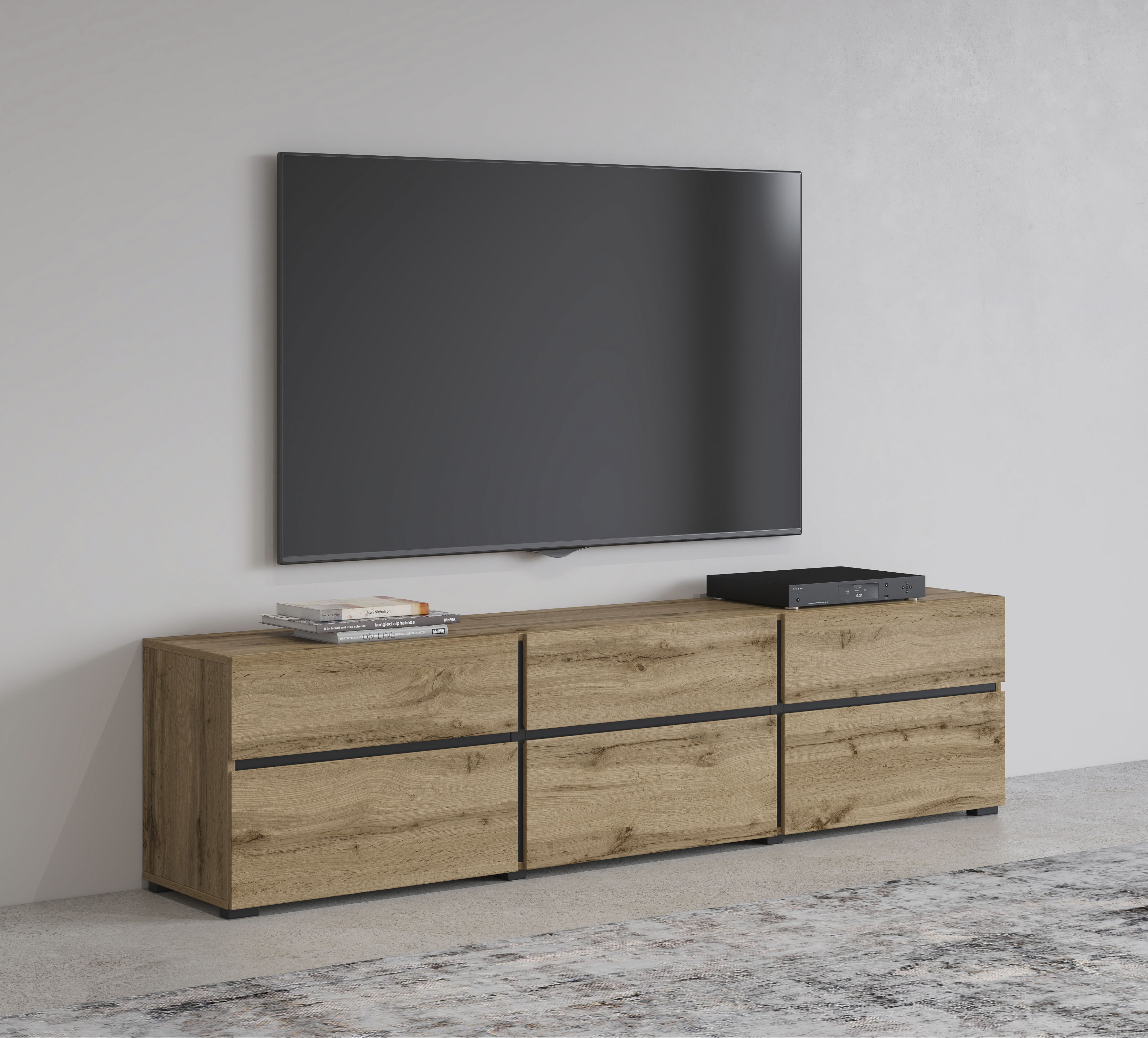 OTTO home Lowboard "Cross, moderne grifflose TV-Kommode,3 Klappen/3 Schubkästen" Breite 180 cm, TV-Schrank mit viel Stauraum, TV-Board