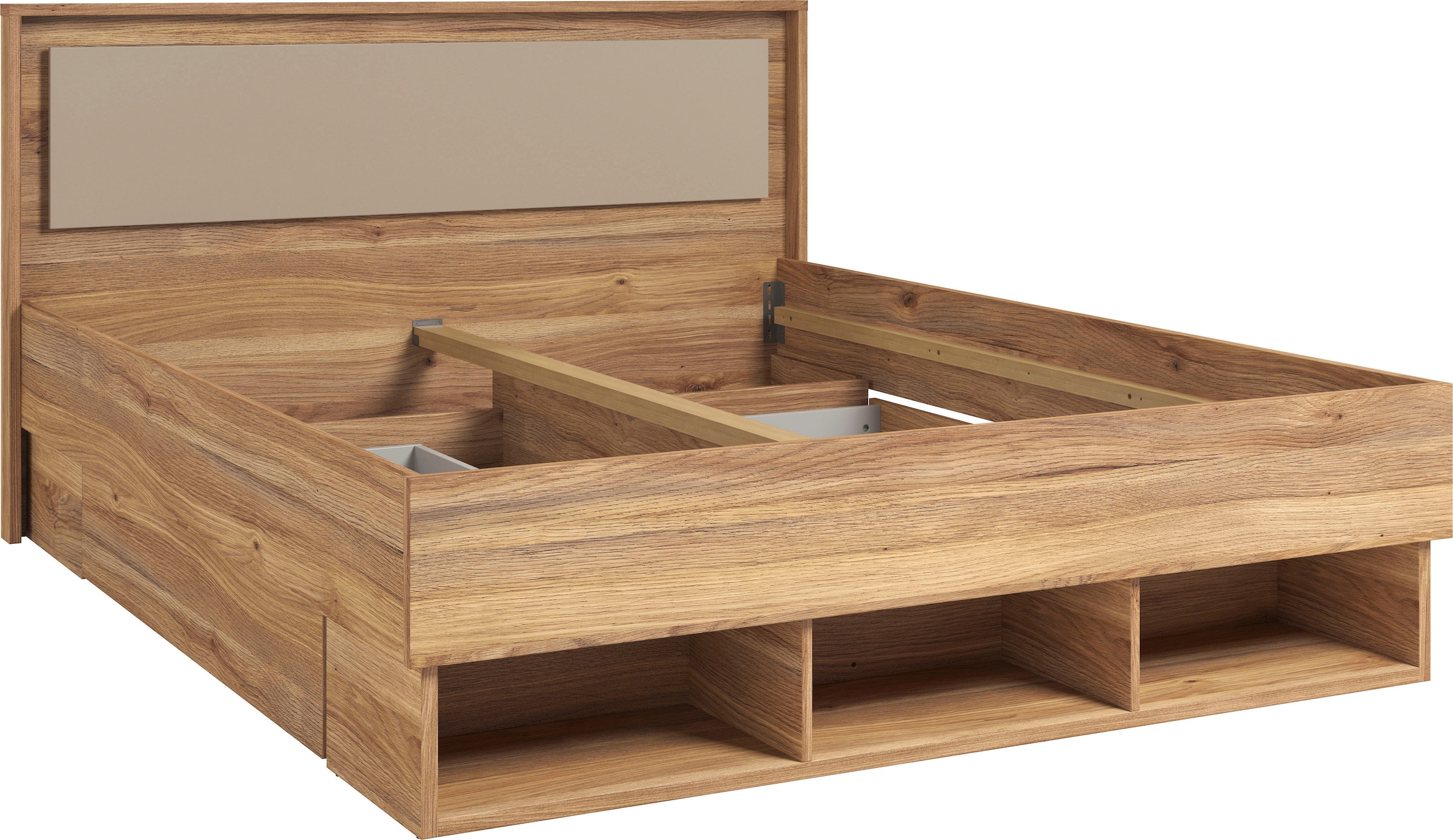 INOSIGN Bettgestell »Wharton, 140, 160 oder 180cm Breite, Made in Europe«, (mit oder ohne Stauraumschubladen), Doppelbett mit offenen Regalen, FSC-zertifizierter Holzwerkstoff