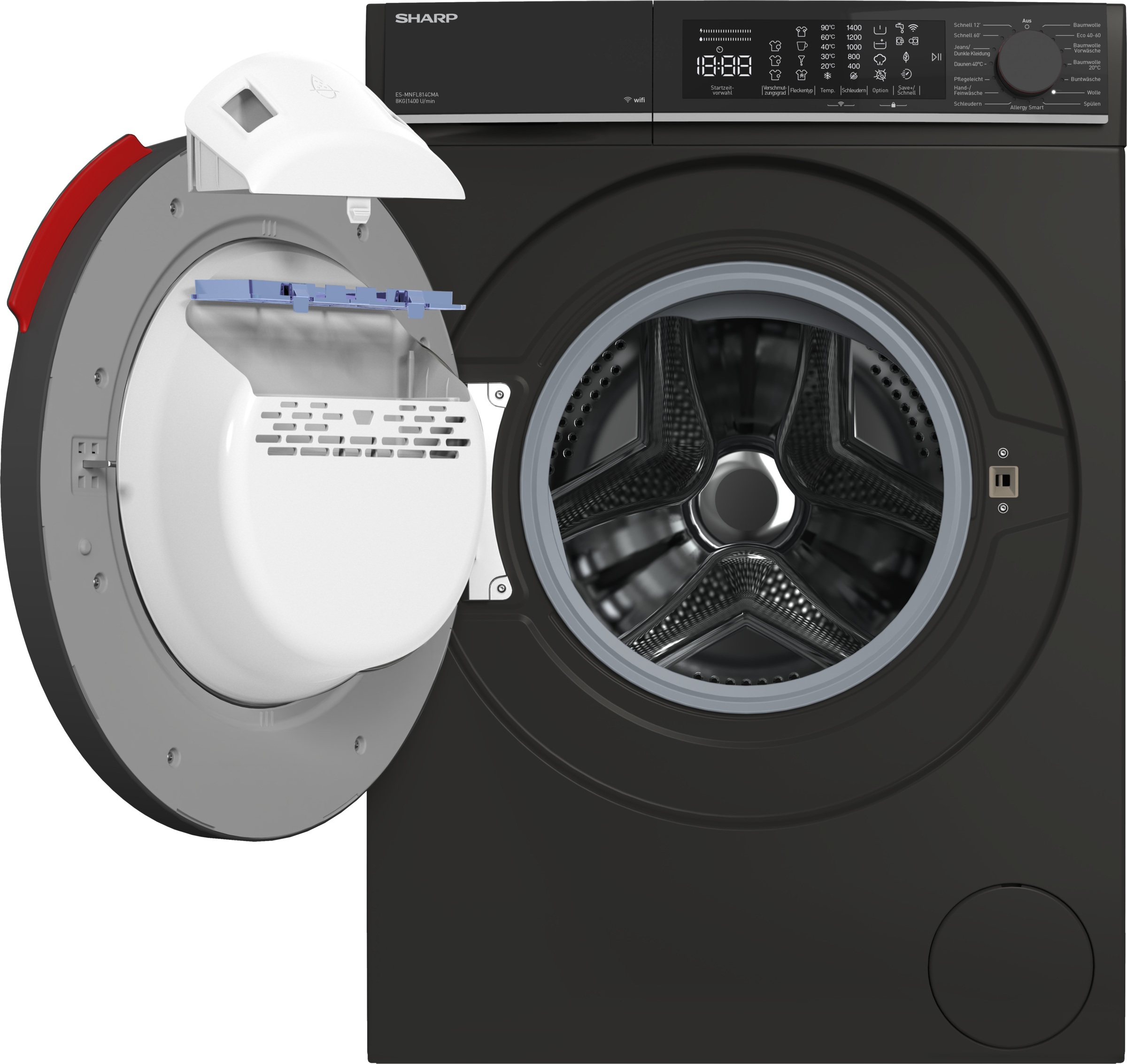 Sharp Waschmaschine Microfiber »ES-MNFL814CMA-DE«, 8 kg, 1400 U/min, 8kg / +WIFI / Microfiber / A / Fulltouch / Steam /
Mat Black