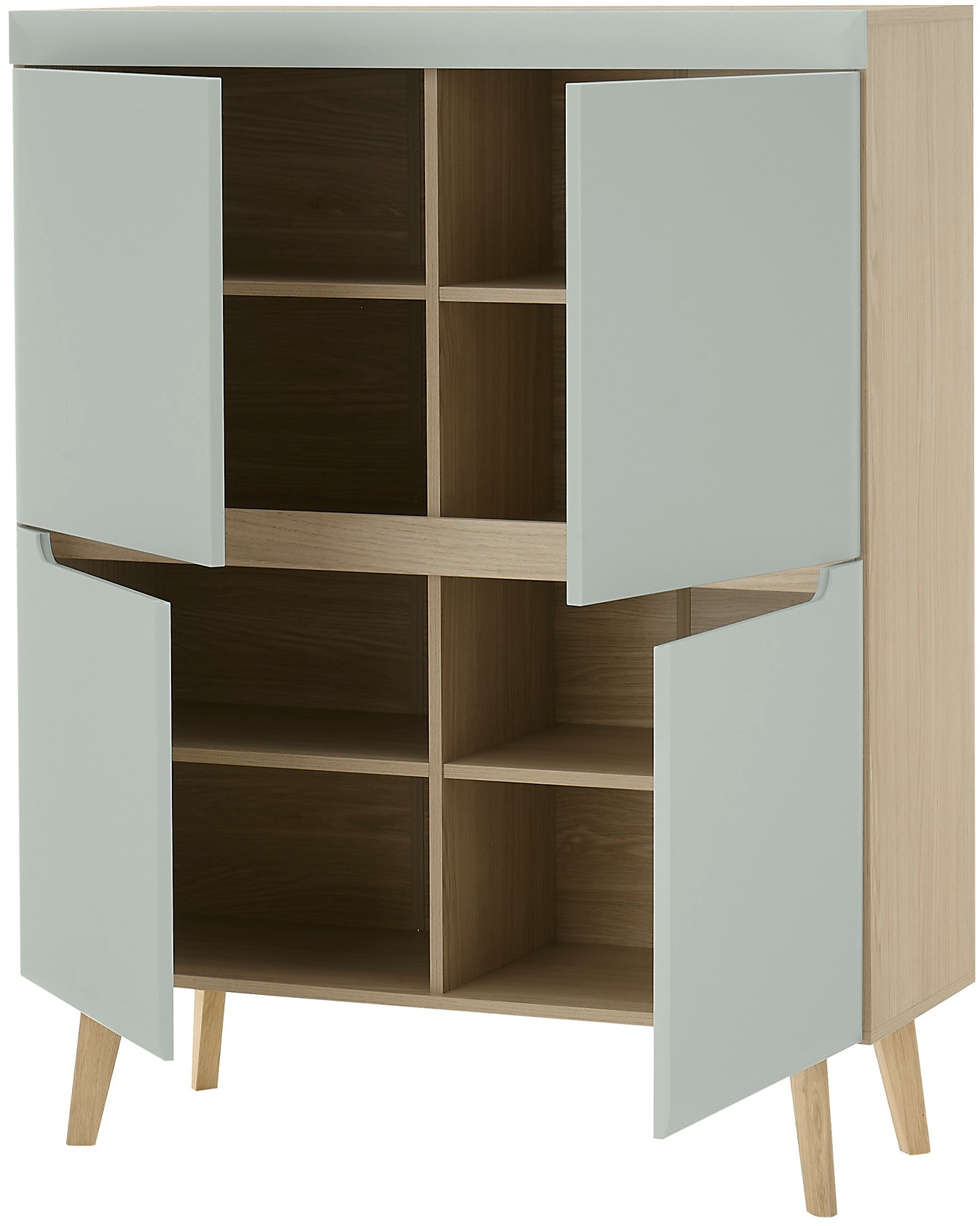 INOSIGN Highboard »Torge, Kommode, Schrank, Sideboard, Anrichte, Mehrzweckschrank«, (1 St.), abgeschrägte Füße, drei Farben, Scandi Design, 107 cm breit