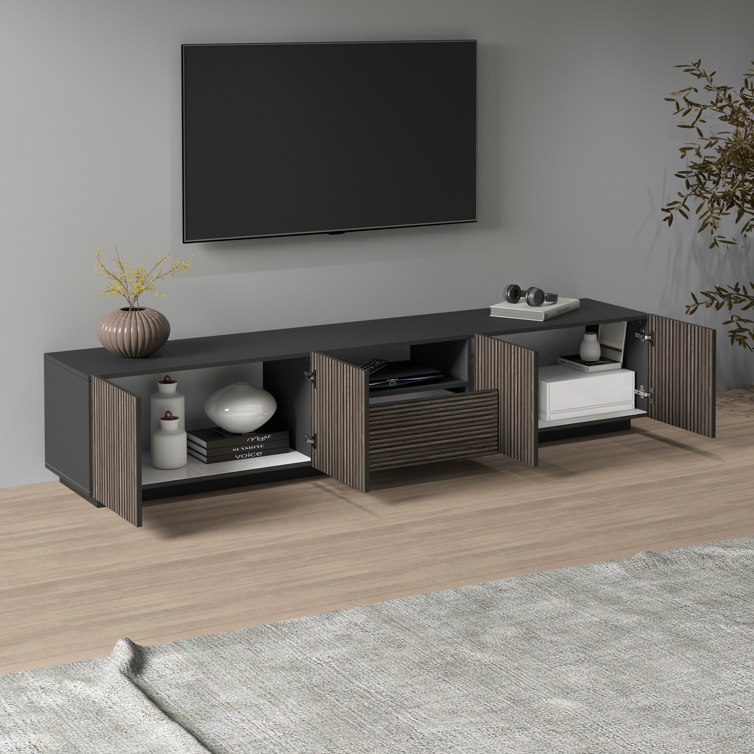 INOSIGN Lowboard »Vega,Lowboard,TV Board,TV Schrank,220 cm«, mit 4 Türen und 1 Schublade,Fronten mit Rillen-Optik
