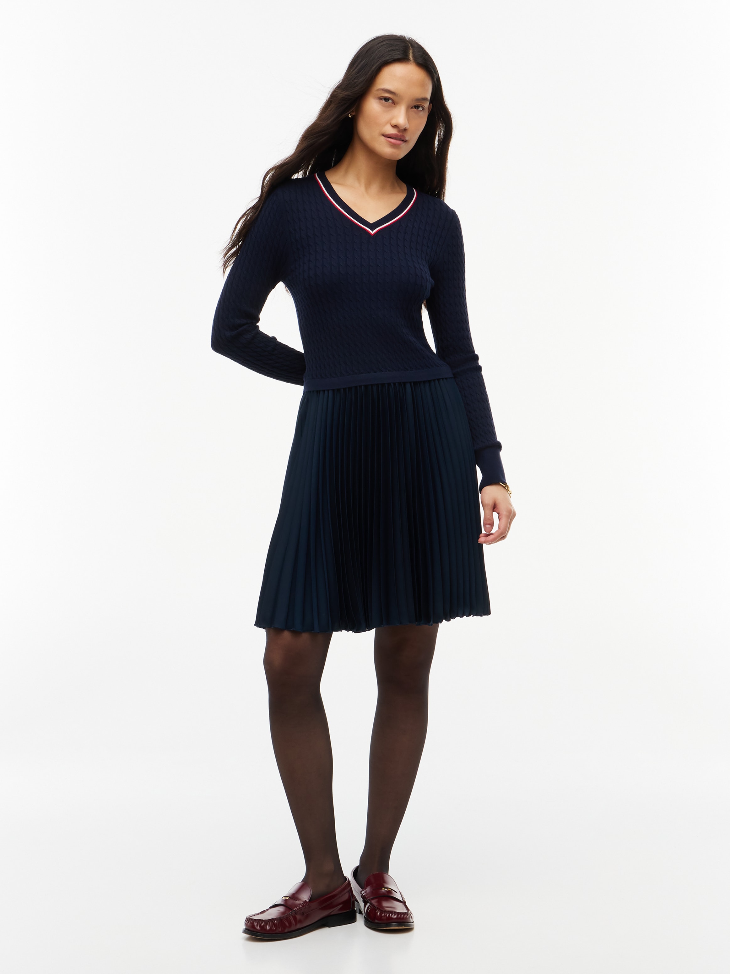 Tommy Hilfiger Strickkleid »PREPPY MIX MEDIA MINI DRESS« Kunstfaser, Zopfstrickmuster