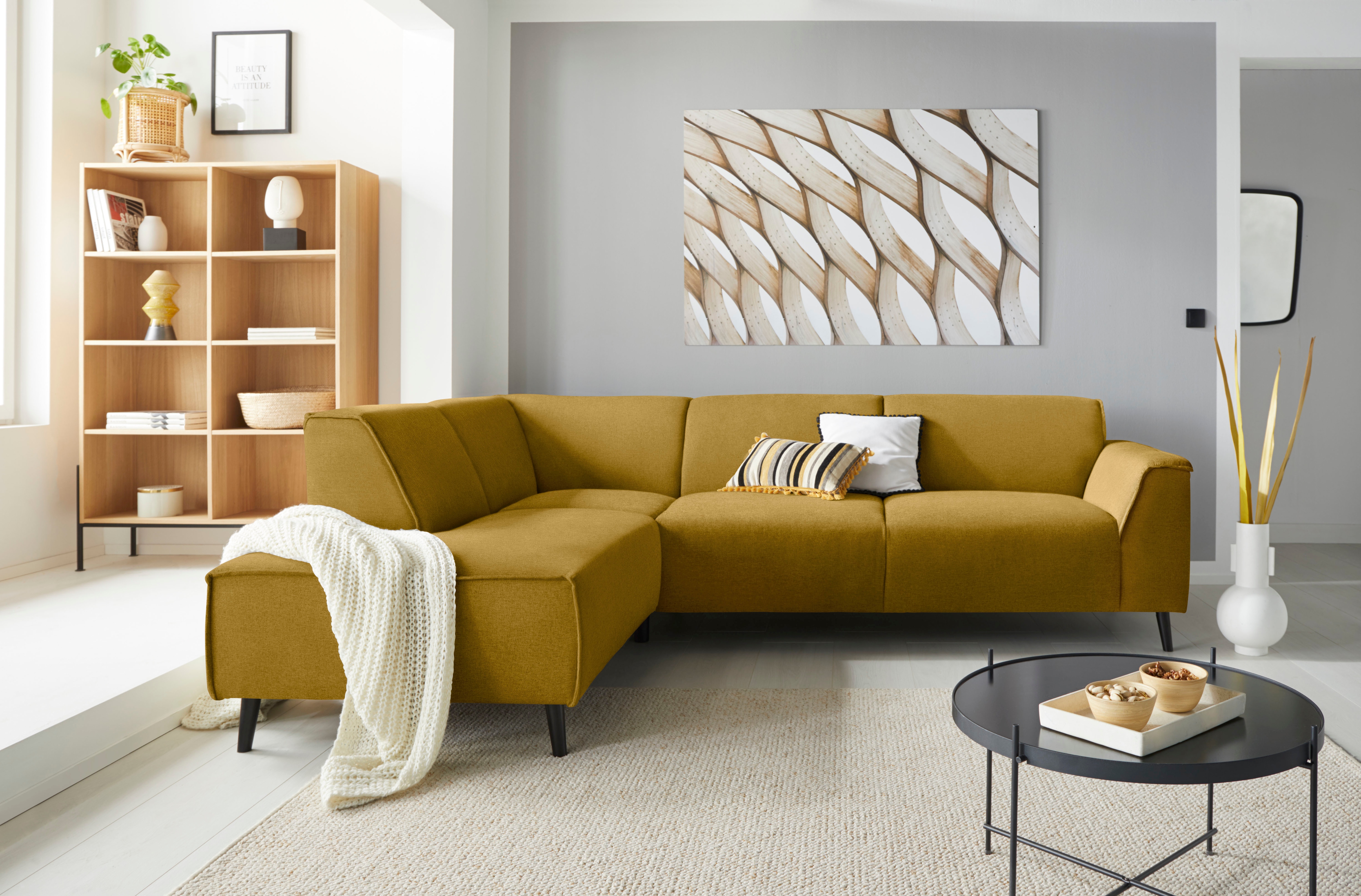 DOMO collection Ecksofa "Amora, bequem und zeitlos, L-Form" mit Federkern, Fußhöhe passend für gängige Saugroboter