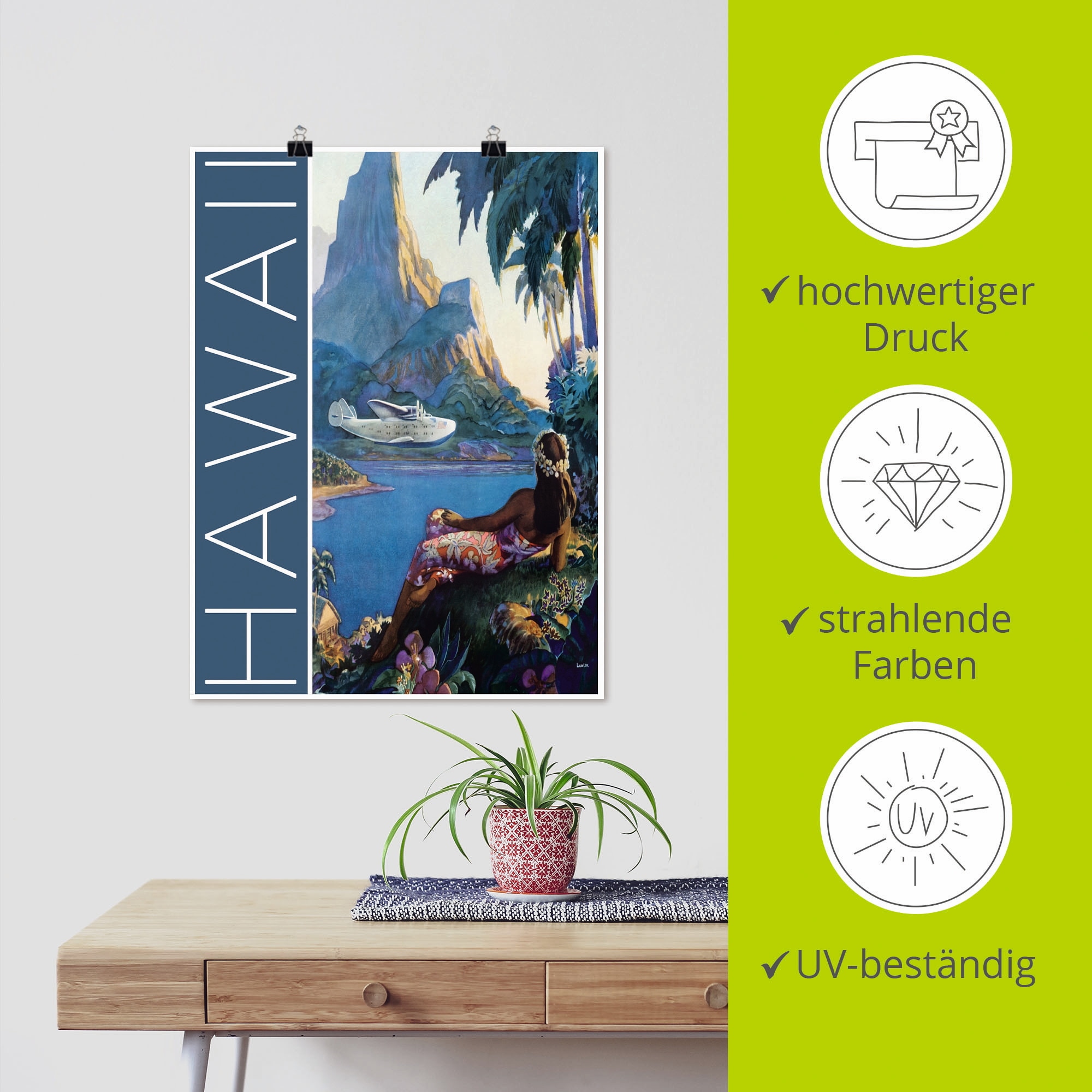 Artland Poster »Hawaii Vintage Reiseplakat«, Amerika, (1 St.), als Alubild, Leinwandbild, Wandaufkleber oder Poster in versch. Größen