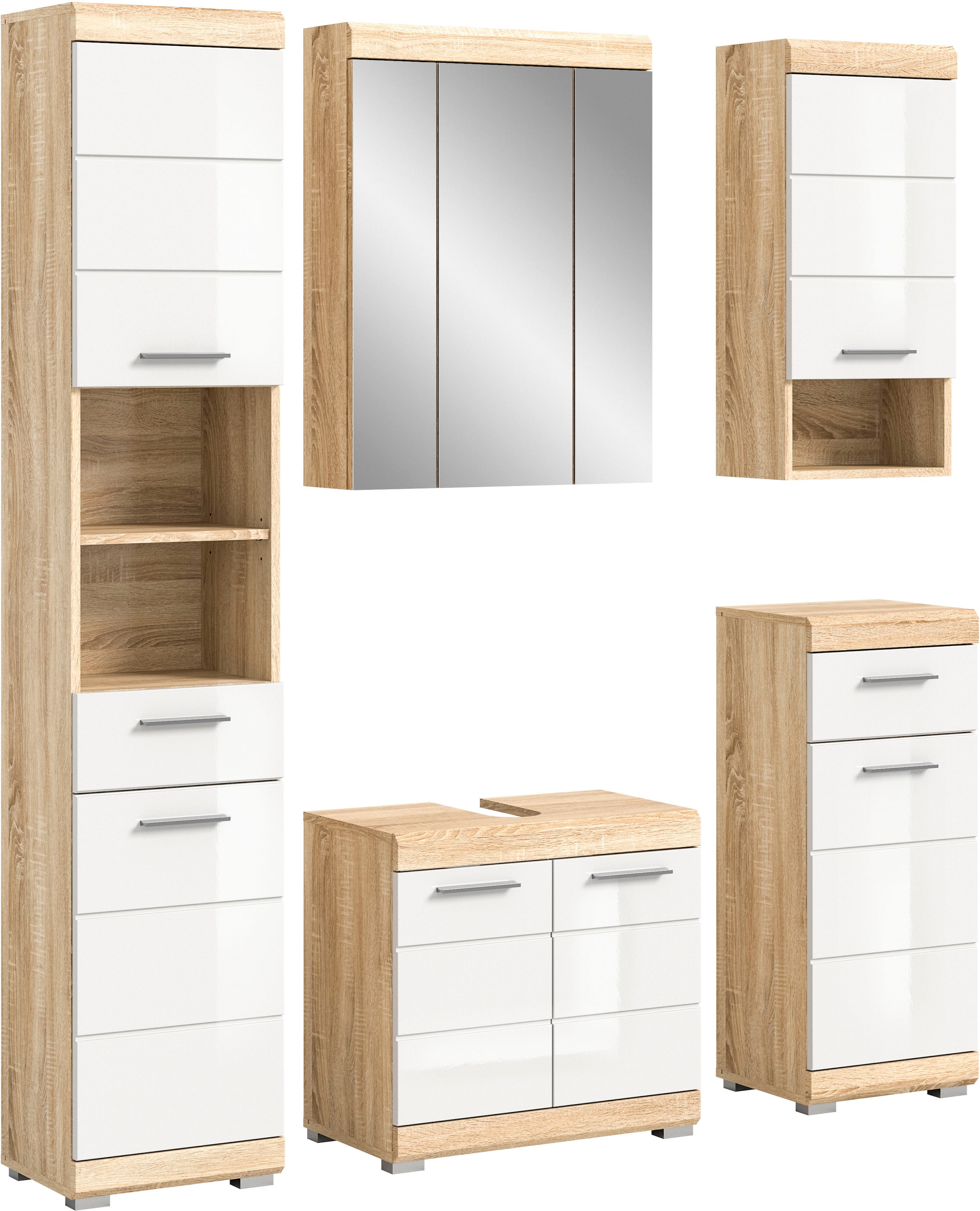 INOSIGN Badmöbel-Set "Siena, 5 teilig, bestehend aus:", (Set, 5 St.), Hochschrank, Spiegelschrank, WBU, Hängeschrank, Un