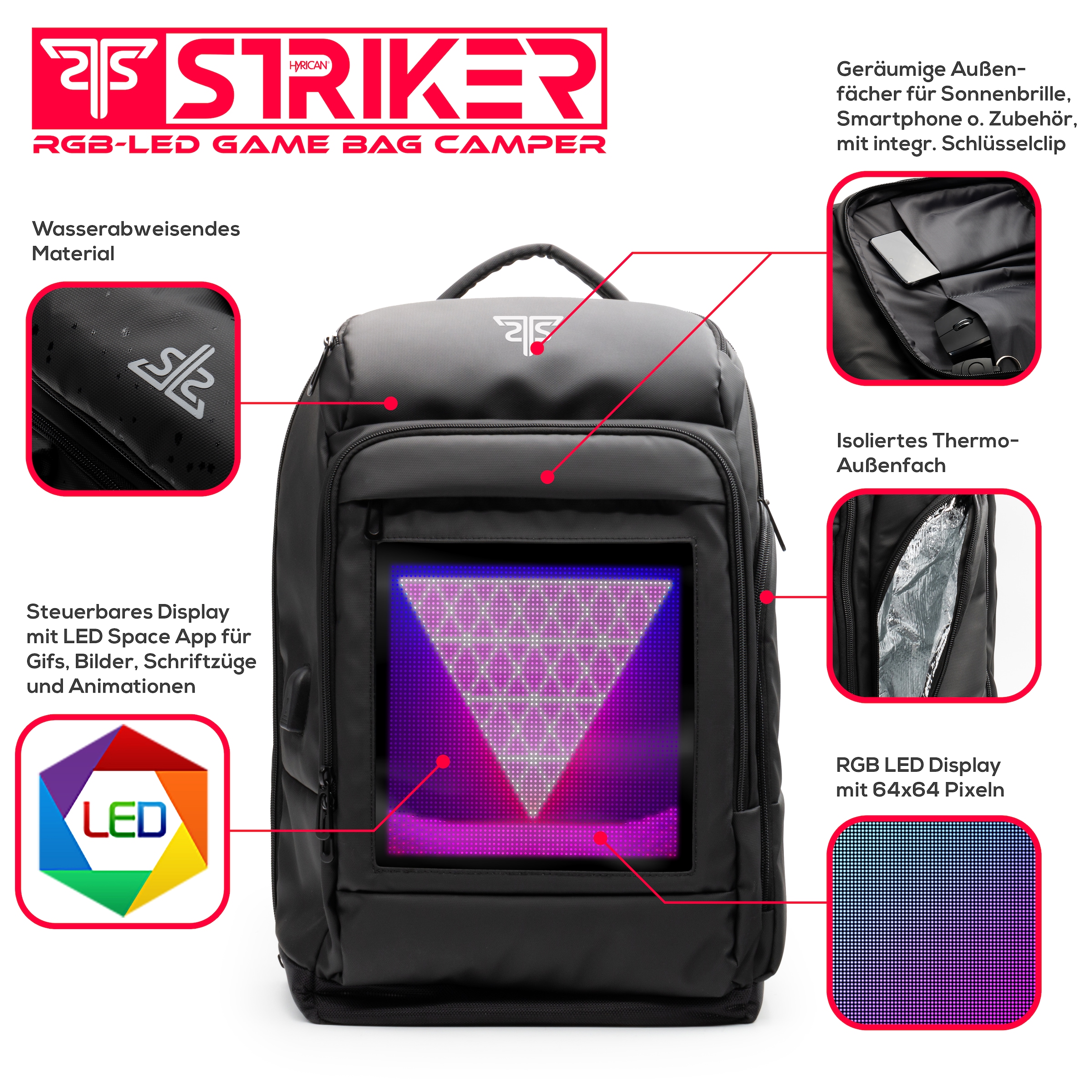 Hyrican Gaming- Laptoprucksack »Striker Game Bag CAMPER NOZ01496«  App gesteuertes RBG-LED Display, gepolstert, wasserabweisend, mit Thermofach, Für Notebooks bis 17,3 Zoll und Tablets bis 12 Zoll, Geheimfach, USB-Handy-Ladefunktion