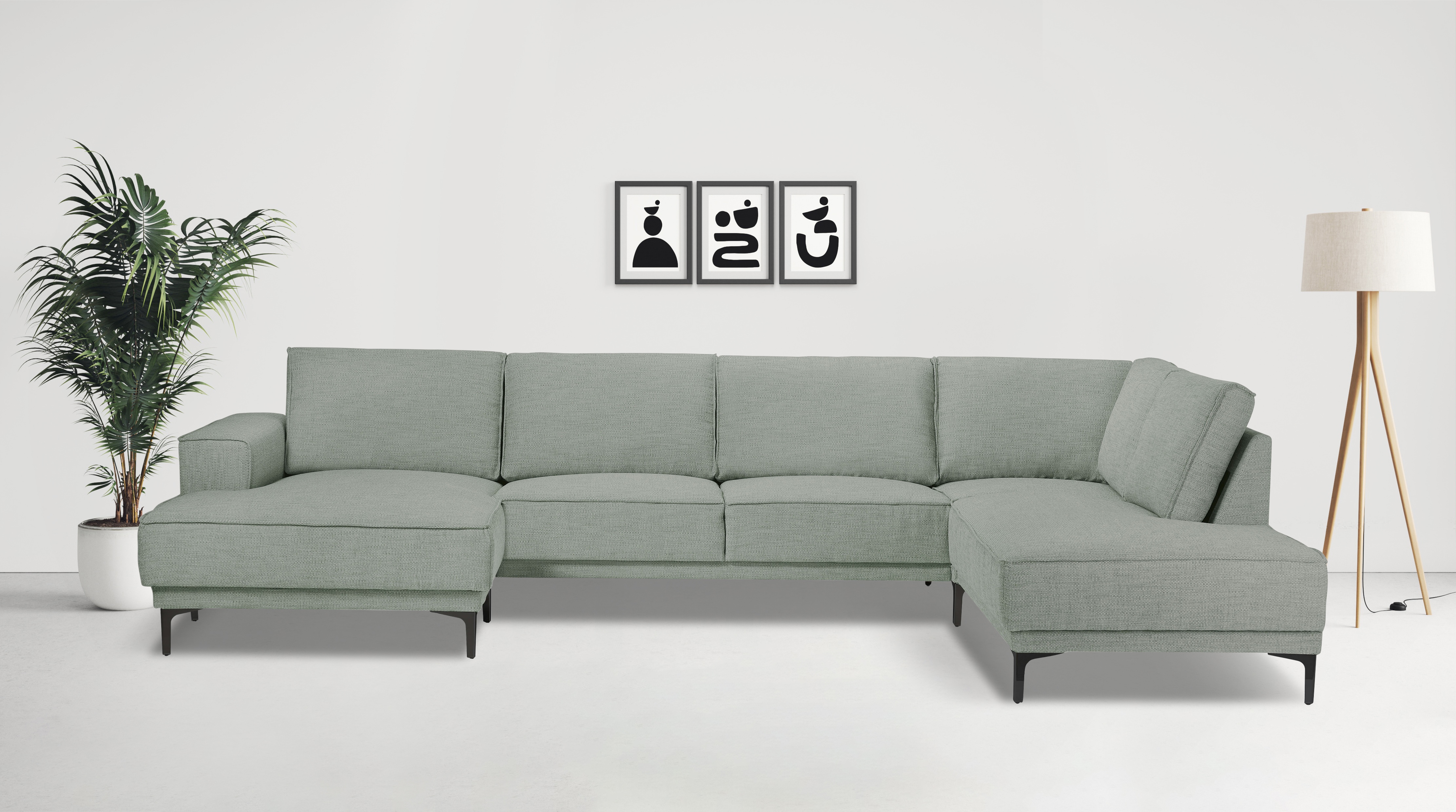 OTTO home Wohnlandschaft "OLAND Flachgewebe U-Form, XXL, B: 345 cm, Skandi-Design" U-Form, 345 cm, Wellenunterfederung, Skandi-Design, Metallfüße