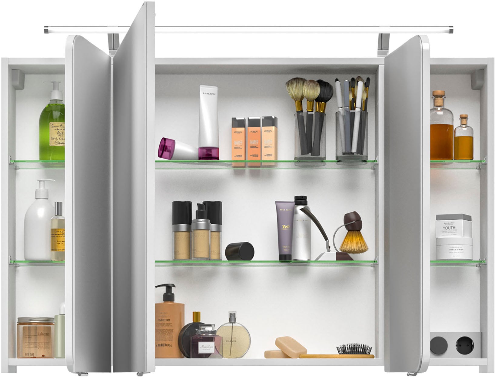 Saphir Spiegelschrank »Serie 4005 Badezimmer-Spiegelschrank inkl. LED-Aufsatzleuchte«, Badschrank 120 cm breit, 3 Türen, 6 Glas-Einlegeböden, inkl Türdämpfer