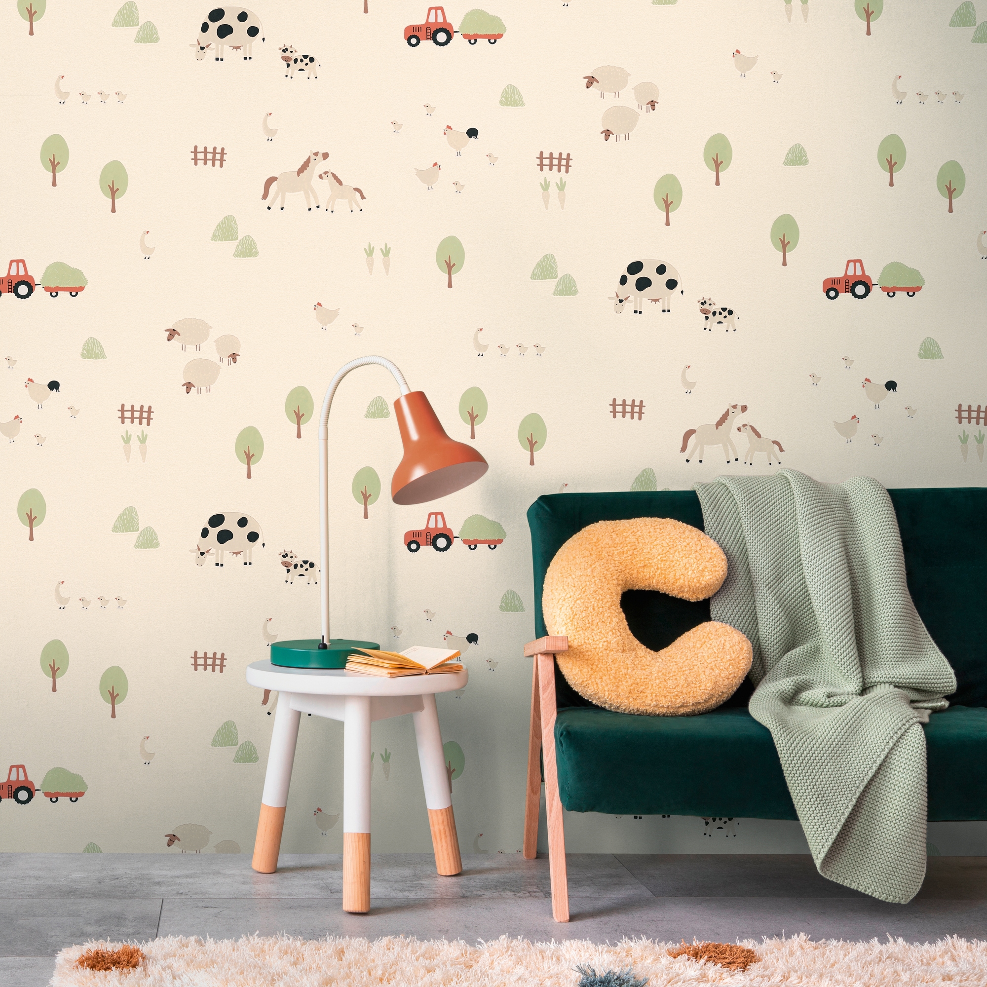 living walls Vliestapete "Kids Studio Bauernhof – Tier Vliestapete für Kinder" Motiv grafisch naturalistisch glatt Bauernhoftiere mit Kühen, Pferden, Schafen und Traktor