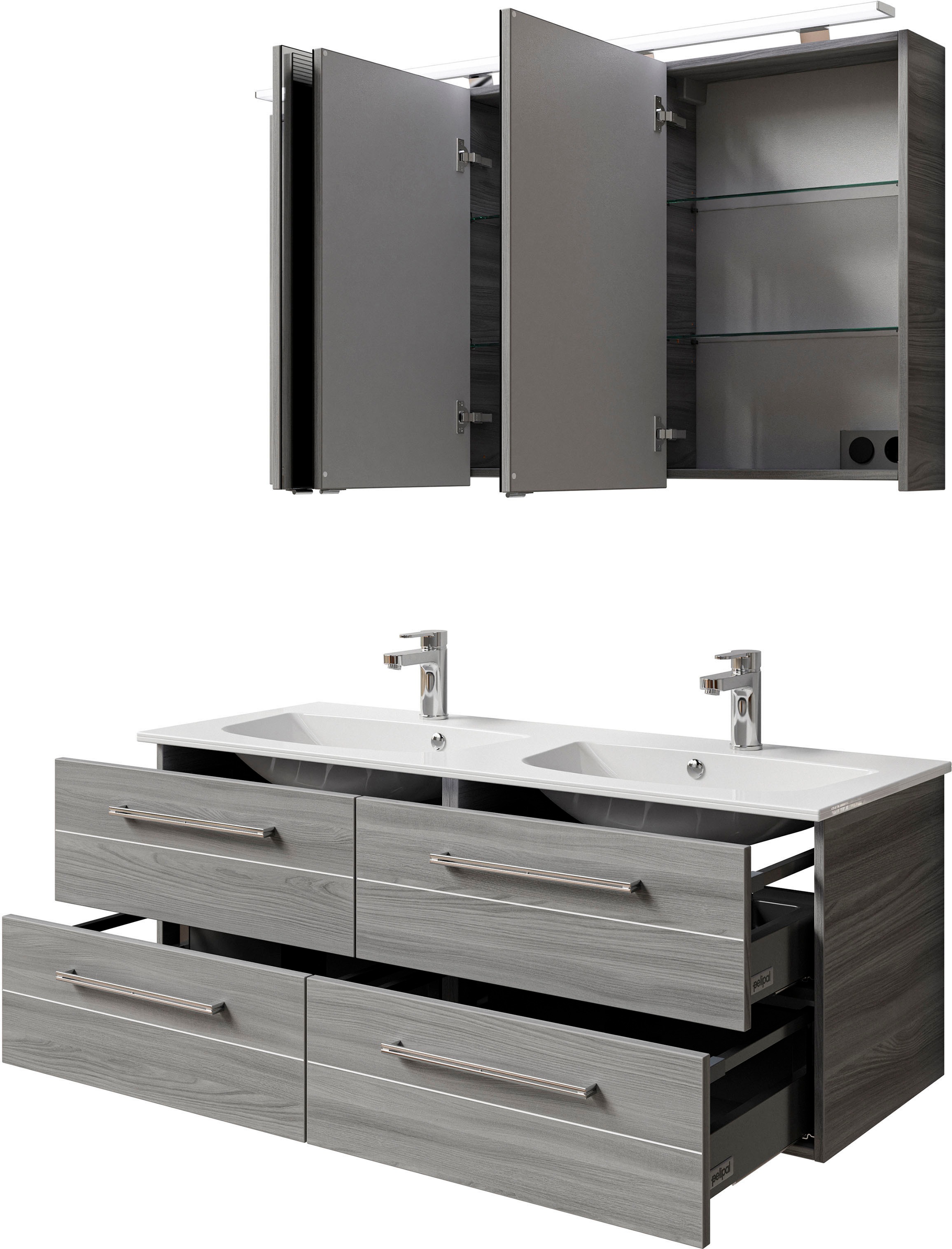 Saphir Badmöbel-Set »Serie 6025 2-teilig Mineralmarmor-Waschtisch mit LED-Spiegelschrank«, (2 St.), Waschplatz 132cm breit, 4 Schubladen, 2 Spiegel-Türen, inkl Türdämpfer