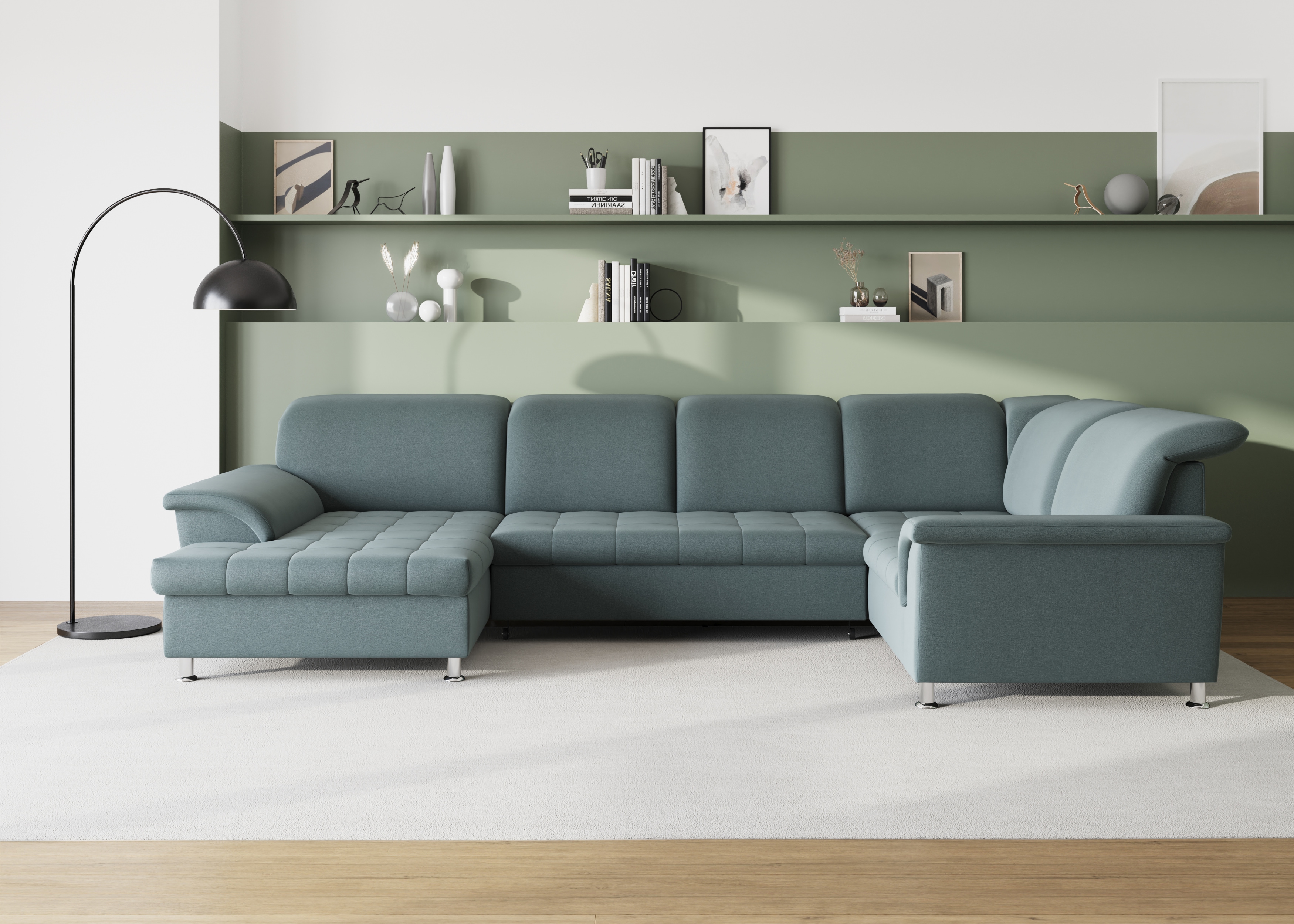 DOMO collection Wohnlandschaft "FRANZI optional mit Bettfunktion, Bettkasten & Kopfteilverstellung" U-Form, Recamiere links, eisblau, B/T: 352/214 cm