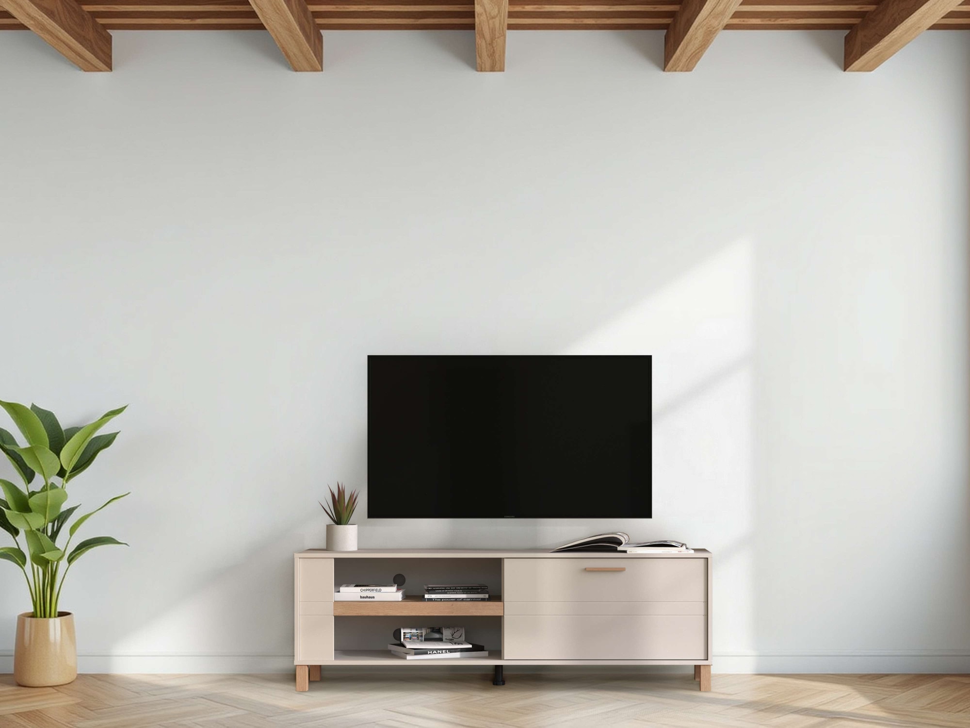 Home affaire TV-Board »Sheffield TV-Bank, TV-Schrank, TV-Lowboard, TV-Möbel, Breite 157 cm«, Klapptür, 2D-beschichtetes MDF-Profil, Heißprägedetails