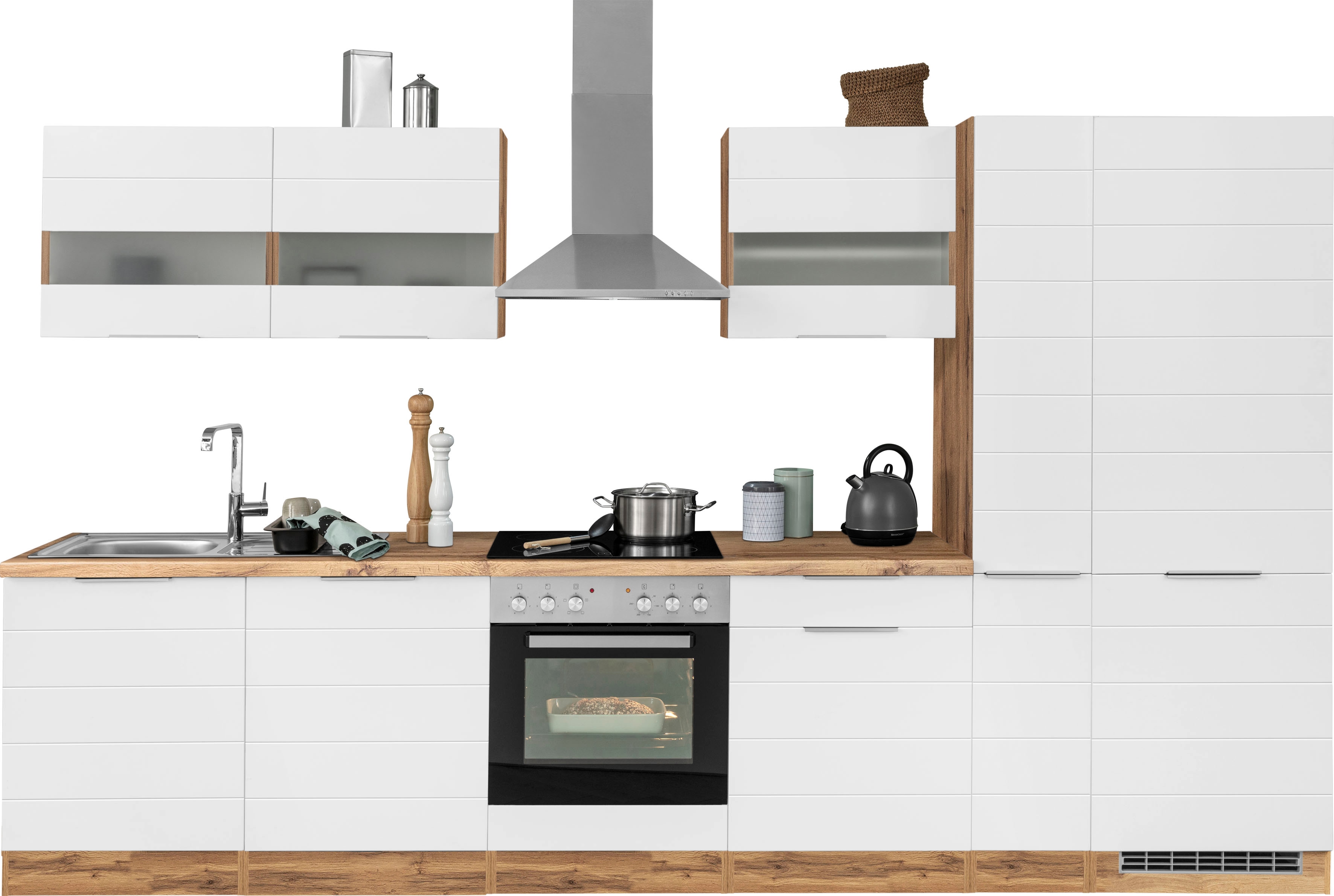 KOCHSTATION "KS-Luhe" 330 cm breit, wahlweise mit oder ohne E-Geräten, gefräste MDF-Fronten