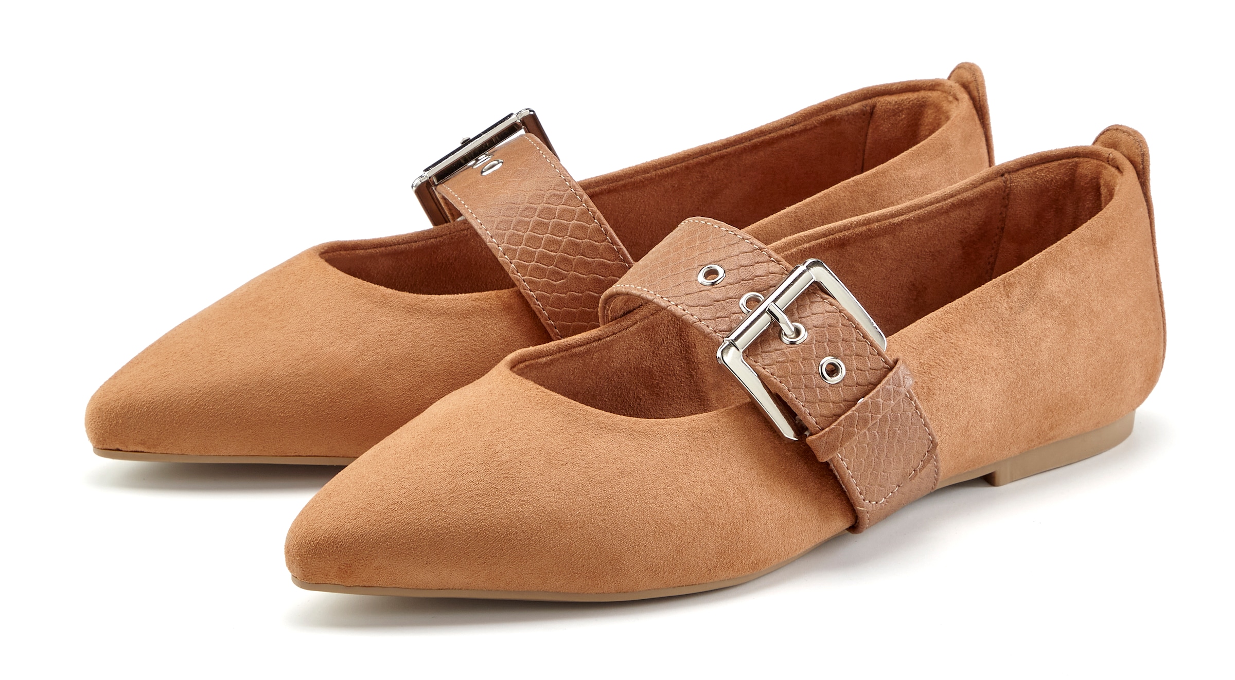 French Connection Mary-Jane-Schuhe "Spangenschuh, Flacher Halbschuh, Riemchenballerina, Schlupfschuh" mit feiner Velours-Optik, spitzer Zehenkappe und silberner Schnalle