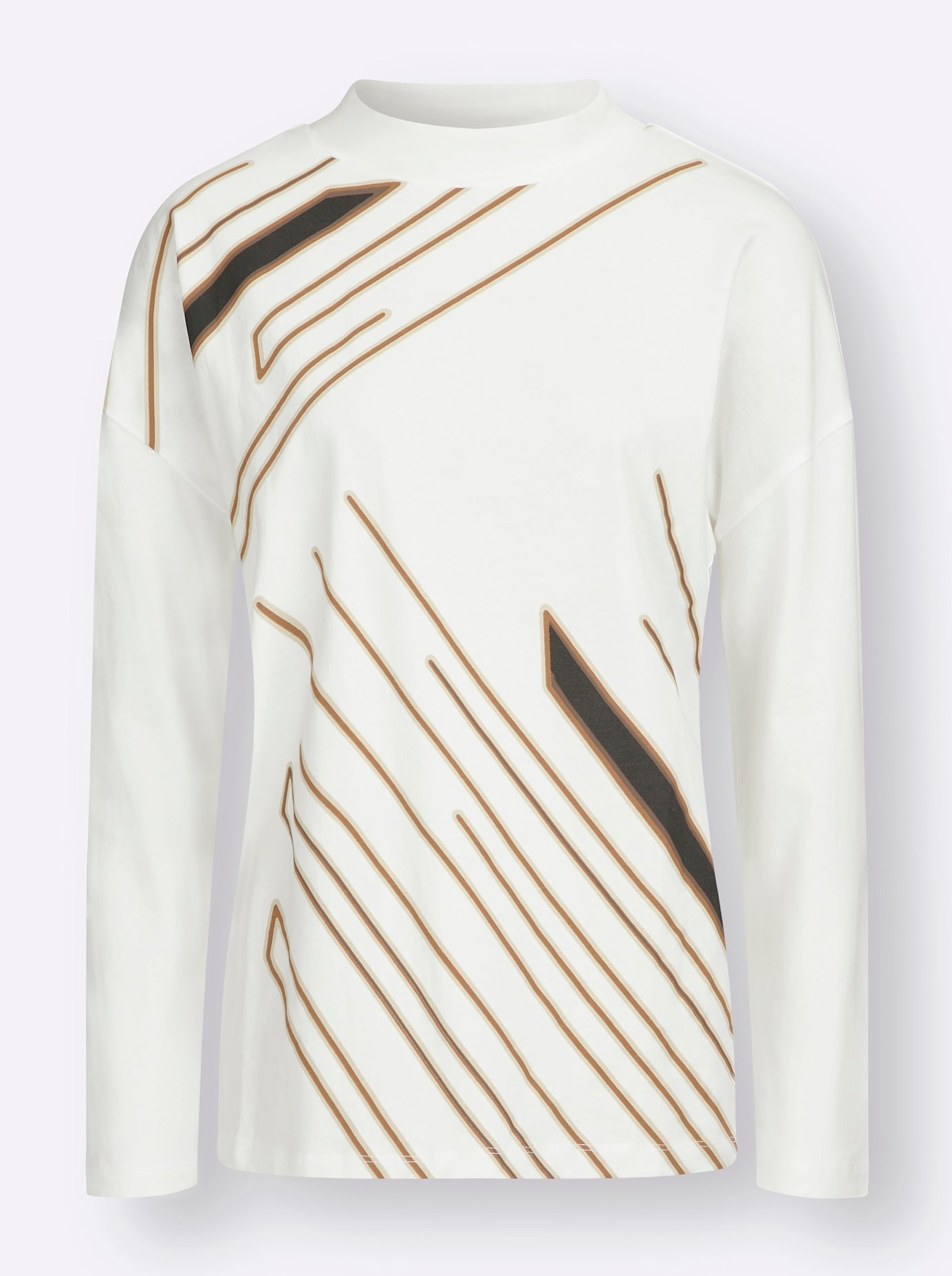 Stehkragenshirt CLASSIC BASICS "Stehkragen-Shirt", Damen, Gr. 38, beige (ecru, schoko, bedruckt), 100% Baumwolle, bedruckt, gemustert, mehrfarbig, Shirts Stehkragenshirt 3