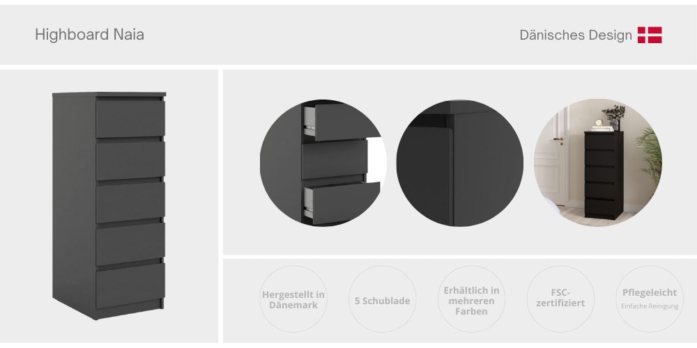 INOSIGN Highboard »Naia, Hochkommode, 5 Schubladen, Aufbewahrung, grifflose Front«, Modern, skandinavisches Design, Schmal, in mehrere Farben