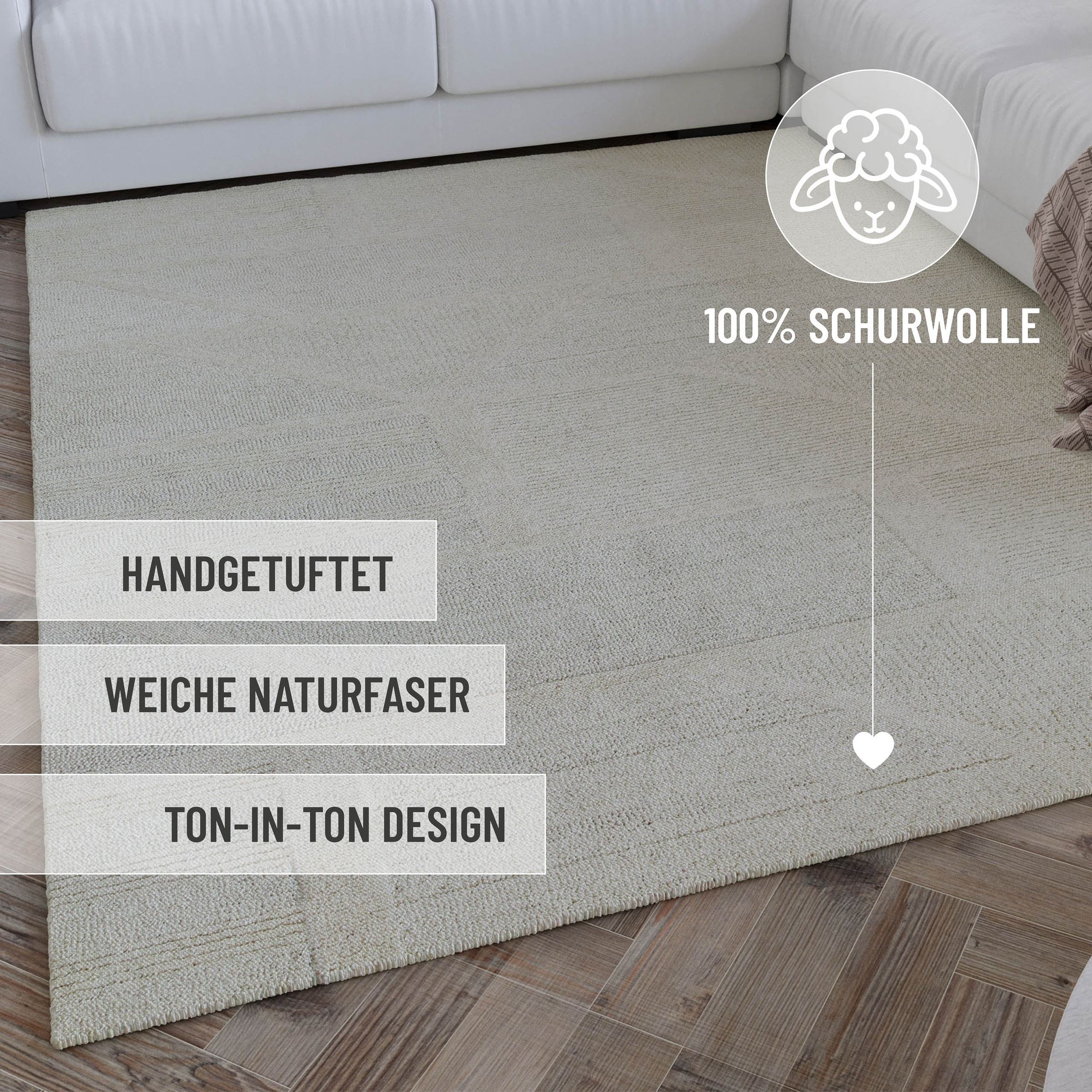 Wecon home Wollteppich »Hamptons FIVETEEN«, rechteckig, 15 mm Höhe, Läufer, Schurwolle, Kurzflor, Wohn- & Schlafzimmer, Hoch-Tief-Effekt