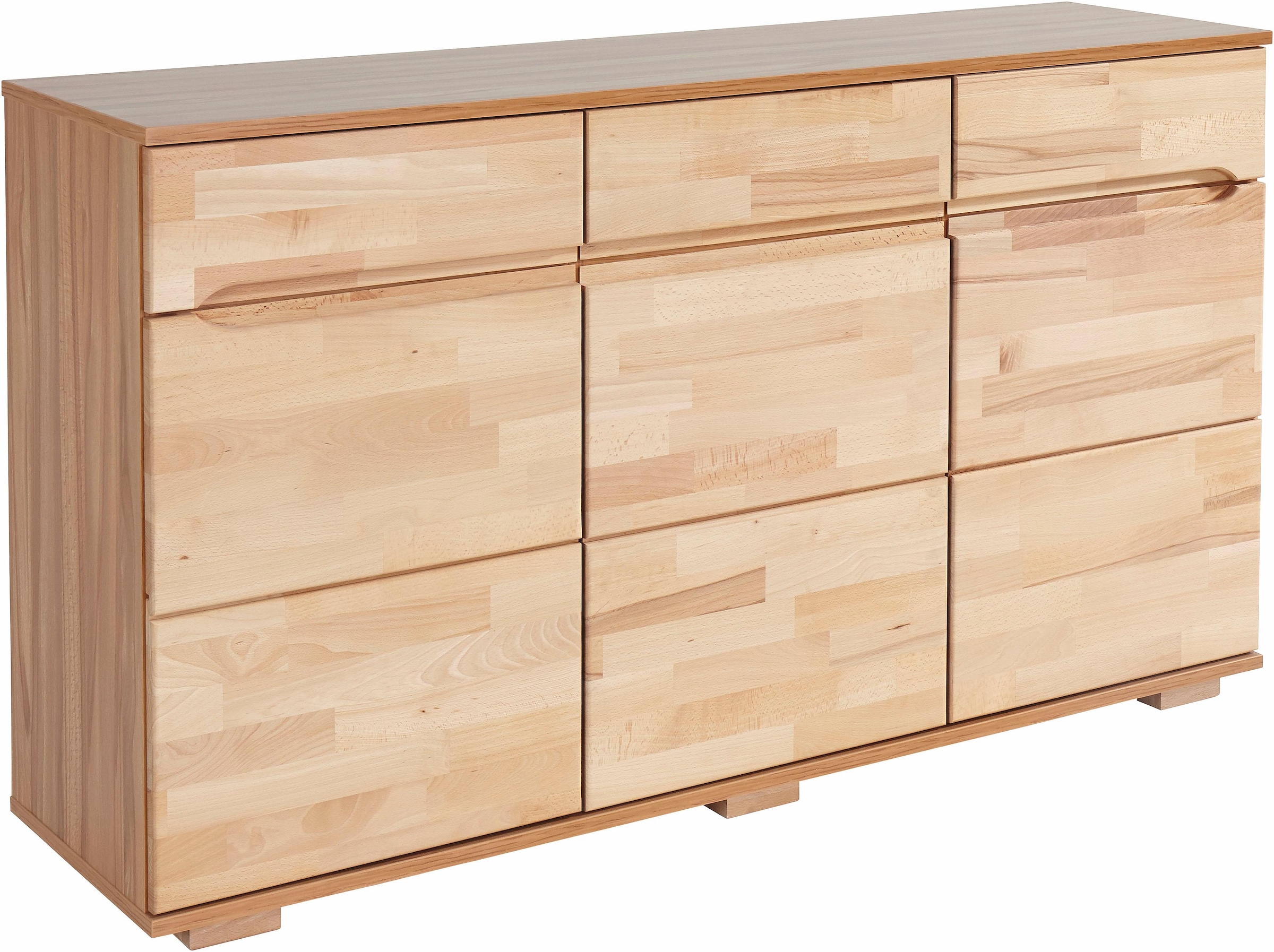 Home affaire Sideboard »Vetro,150cm breit,40 cm tief, Fronten Massivholz,6 Fächer«, Kernbuche massiv, Holzwerkstoff, 3Türen,3 Schubladen, Griffmulden